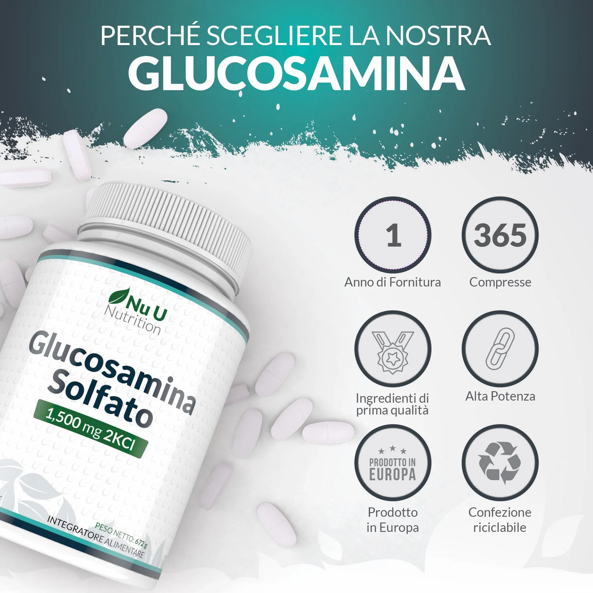 Glucosamina Solfato 1500 mg 2KCl Alto Dosaggio - 365 Compresse non Capsule - 1 Anno di Durata - Integratore per Articolazioni - Prodotto in Europa - Nu U Nutrition