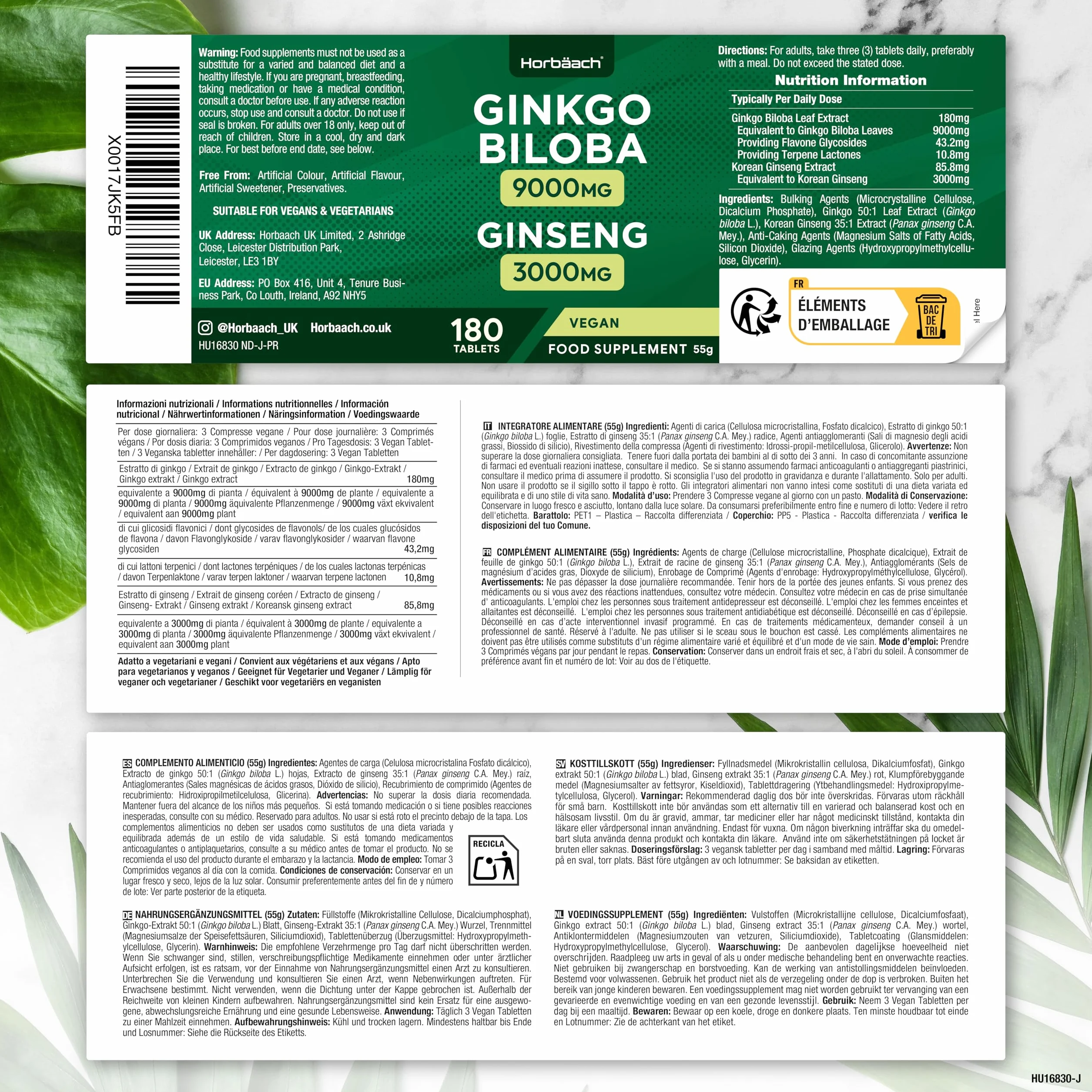 Ginkgo Biloba e Ginseng Integratore 12000mg | 180 Compresse Vegane | Ginkgo 9000 mg e Radice di Ginseng Coreano 3000 mg | di Horbaach