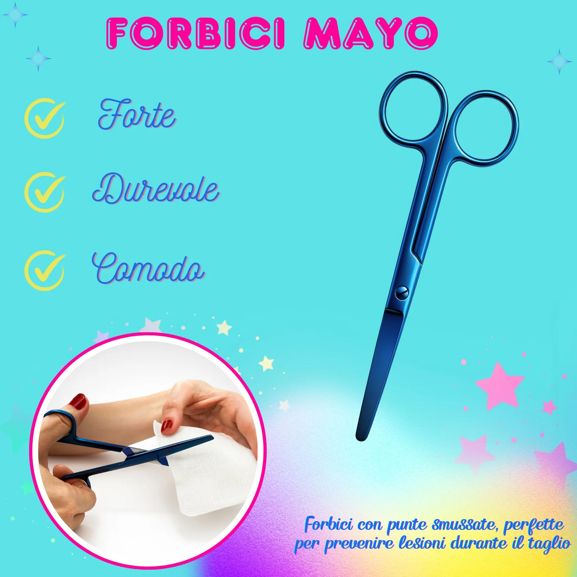 YUME Forbici da Infermiere in Acciaio Inox Punta Arrotondata Professionali Mayo con Portachiavi Retrattile (AZUL)