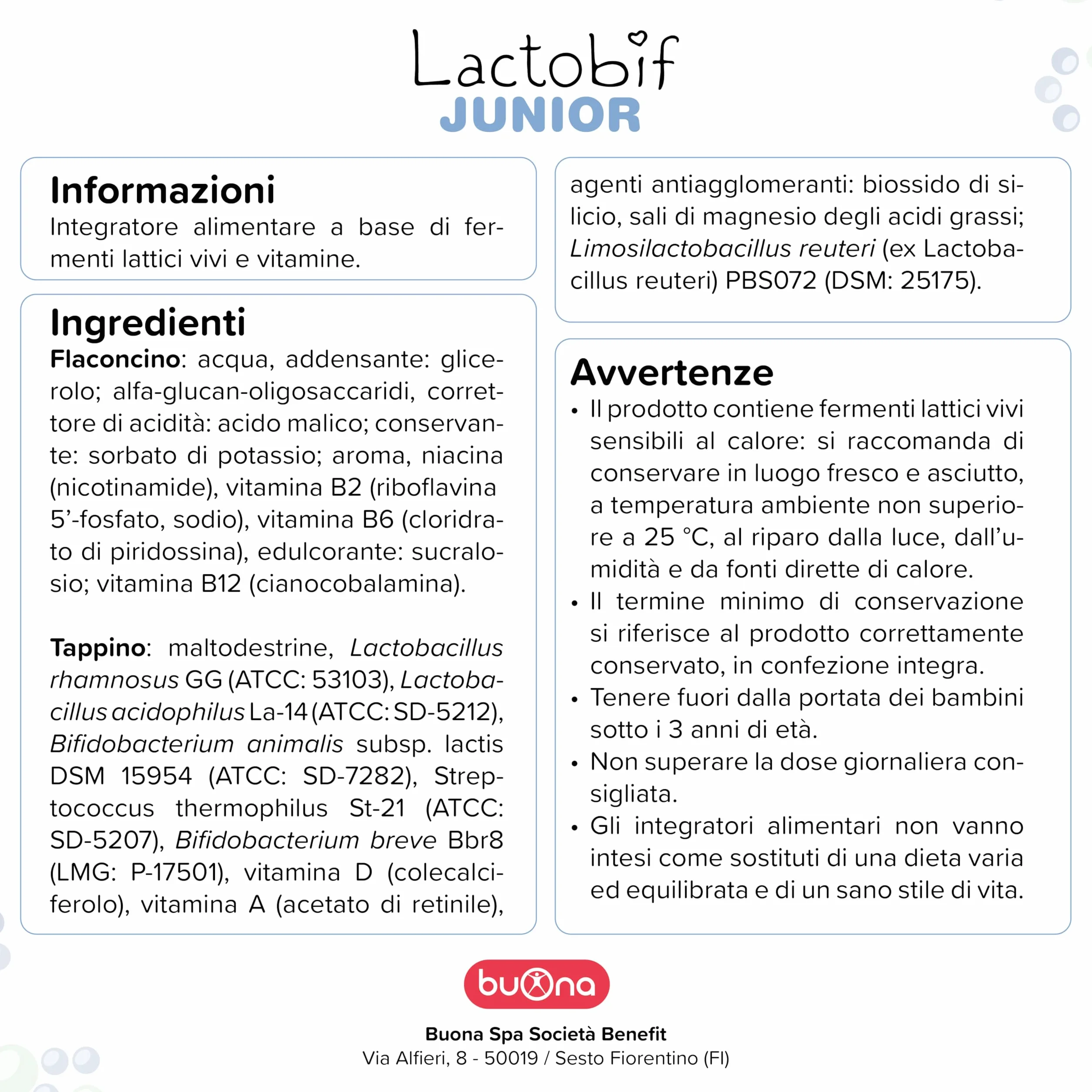 Buona Lactobif Junior 10x10ml Probiotici Bambini con LGG® Integratore Fermenti Lattici
