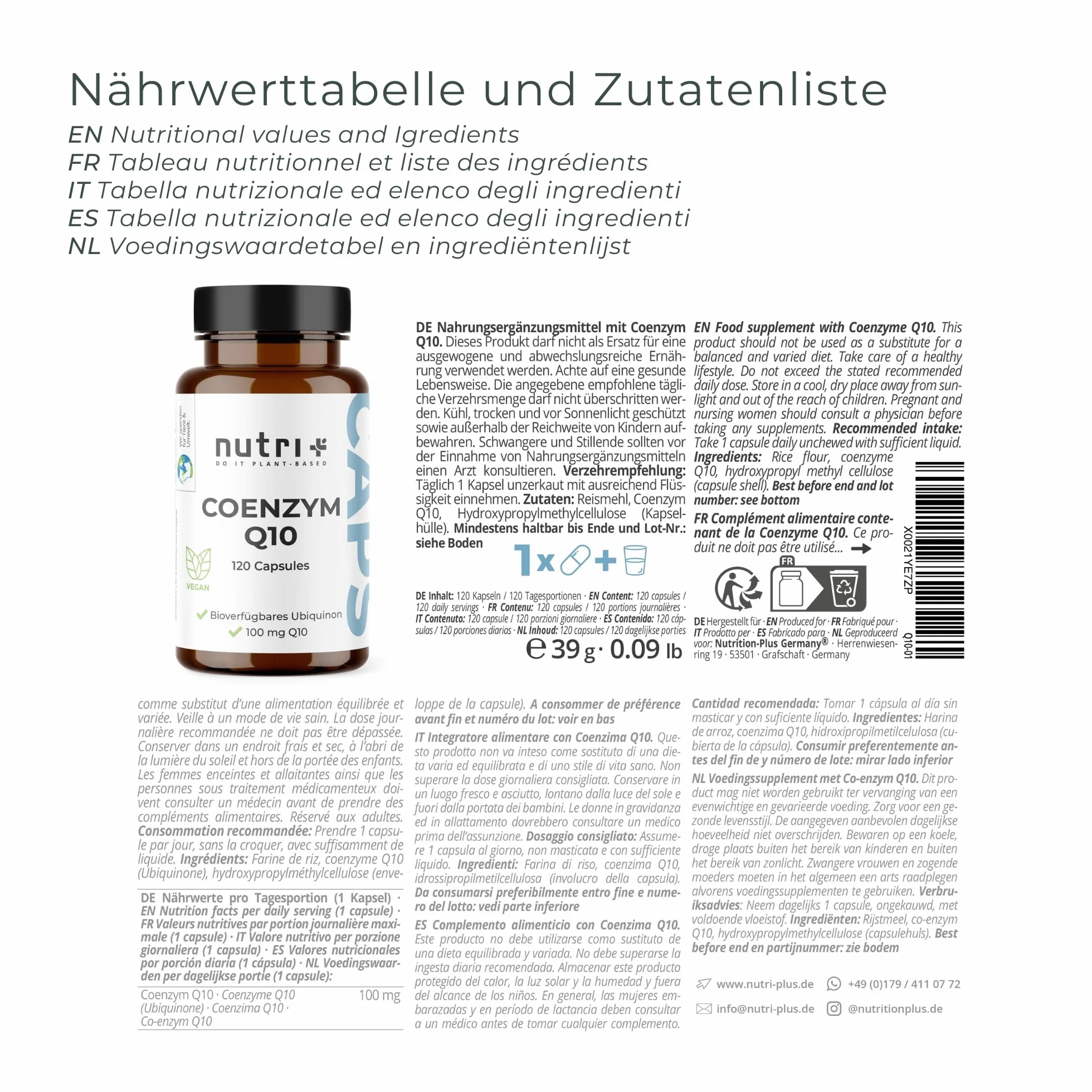 Nutri + Q10 Capsule alto Dosaggio - 120 Pillole 100 mg di Coenzima Q 10 per Capsula - Ubichinone vegano alta Qualità da Fermentazione senza Additivi inutili