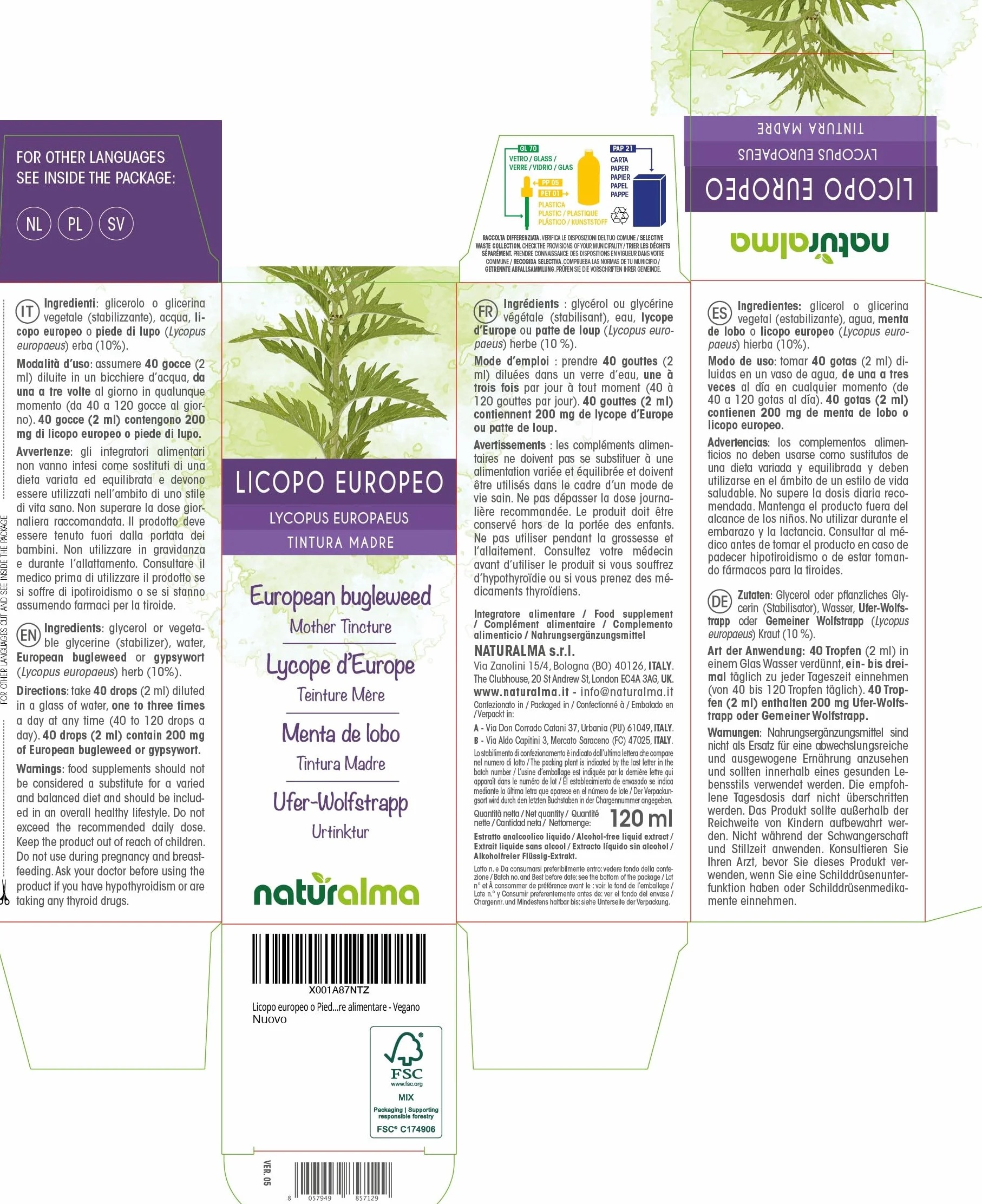 Naturalma Licopo europeo Piede di lupo Tintura Madre analcoolica Estratto liquido gocce 120 ml Integratore alimentare Vegano