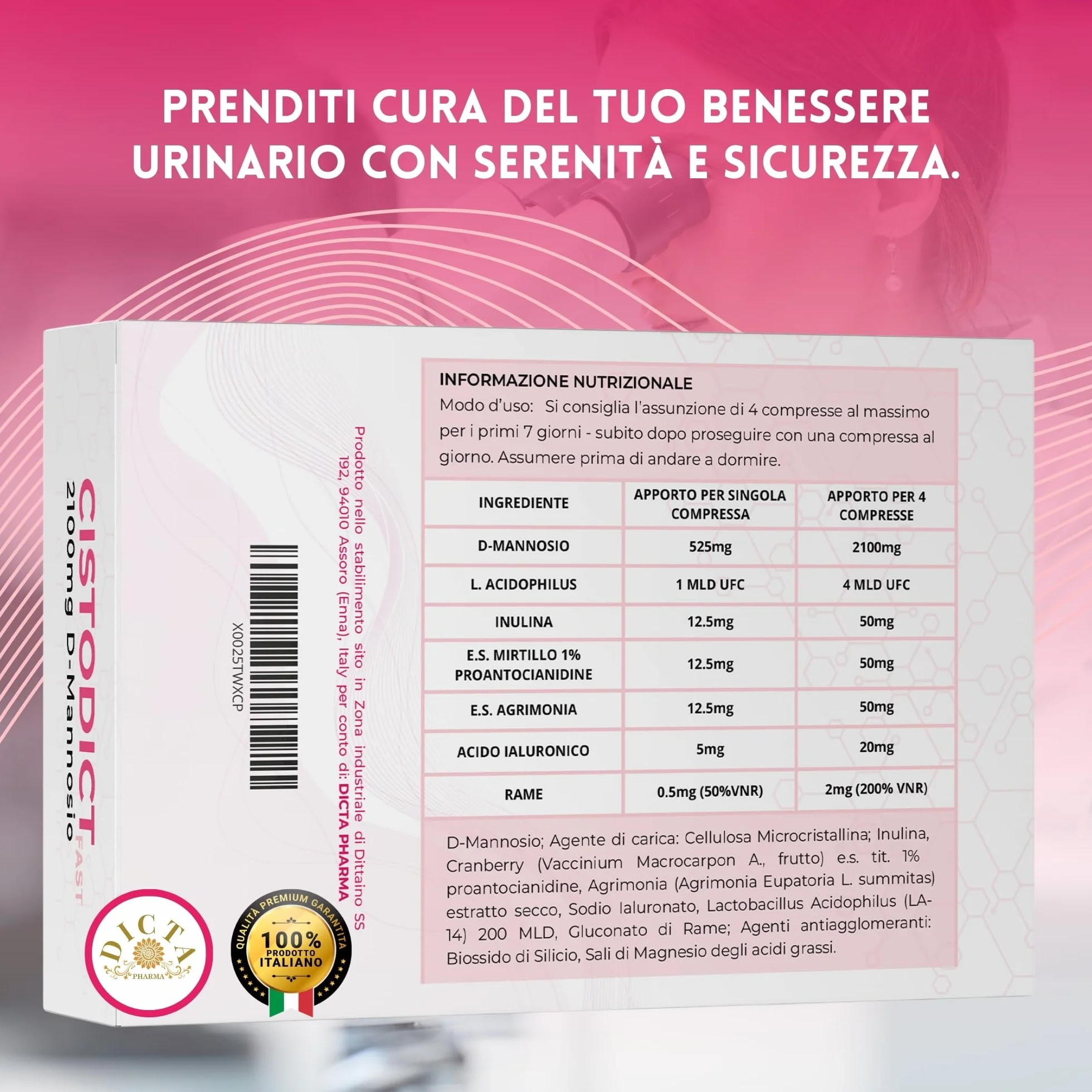 D Mannosio Puro 2100mg 60 cpr per Vie Urinarie Donna con Mirtillo Rosso, Agrimonia, Lactobacillus e Inulina