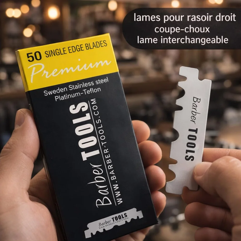 Kit da rasatura uomo - Rasoio per barba uomo/taglio a mano per barba - con 50 Lame Singole + Panno + Stick di allume + Custodia per la conservazione + Pettine guida per rasatura -NERO- BARBER TOOLS