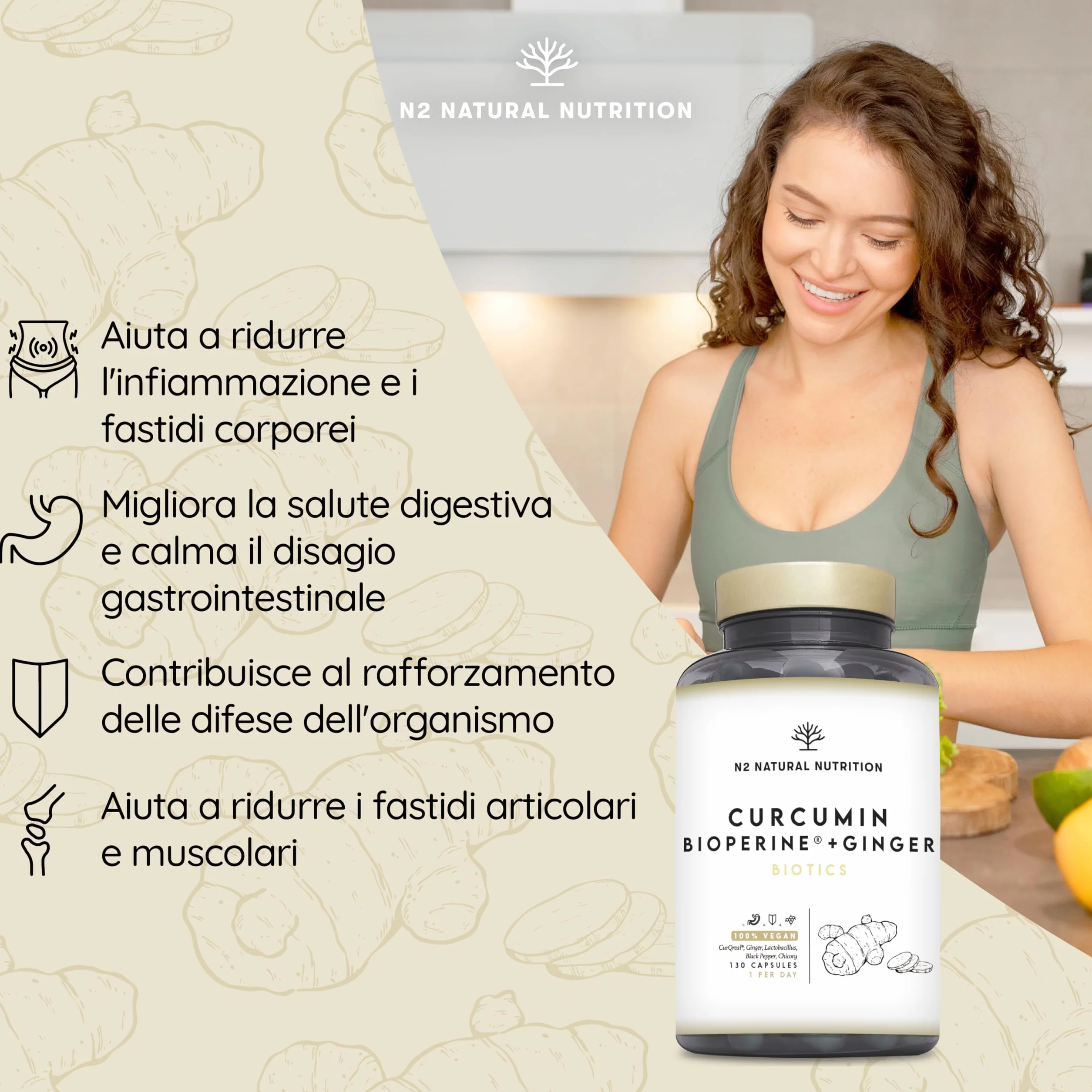 N2 Natural Nutrition Curcuma con Piperina 10000 mg Probiotici Zenzero 4 Mesi Antinfiammatorio Antiossidante