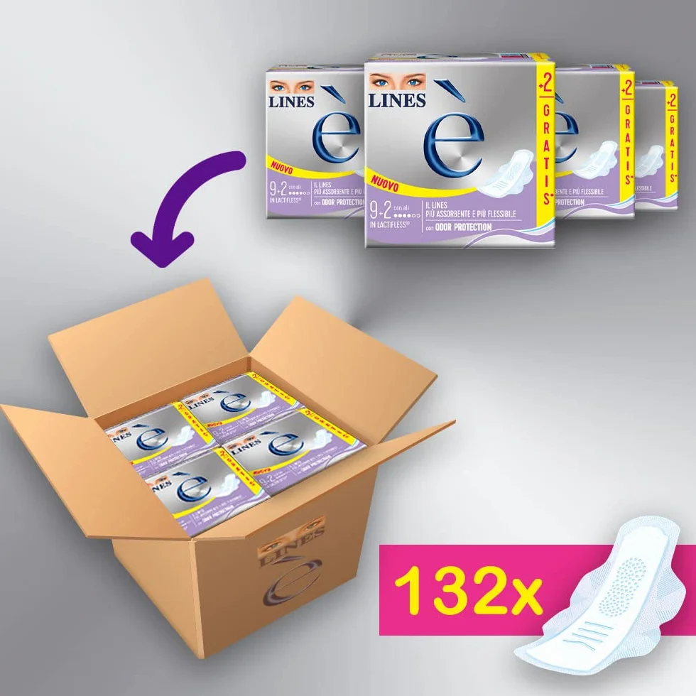 LINES È GIORNO con ali, Pacco scorta da 132 assorbenti per ciclo mestruale, l'unico con struttura in Lactifless, il più assorbente e flessibile della gamma Lines, con Odor Protection