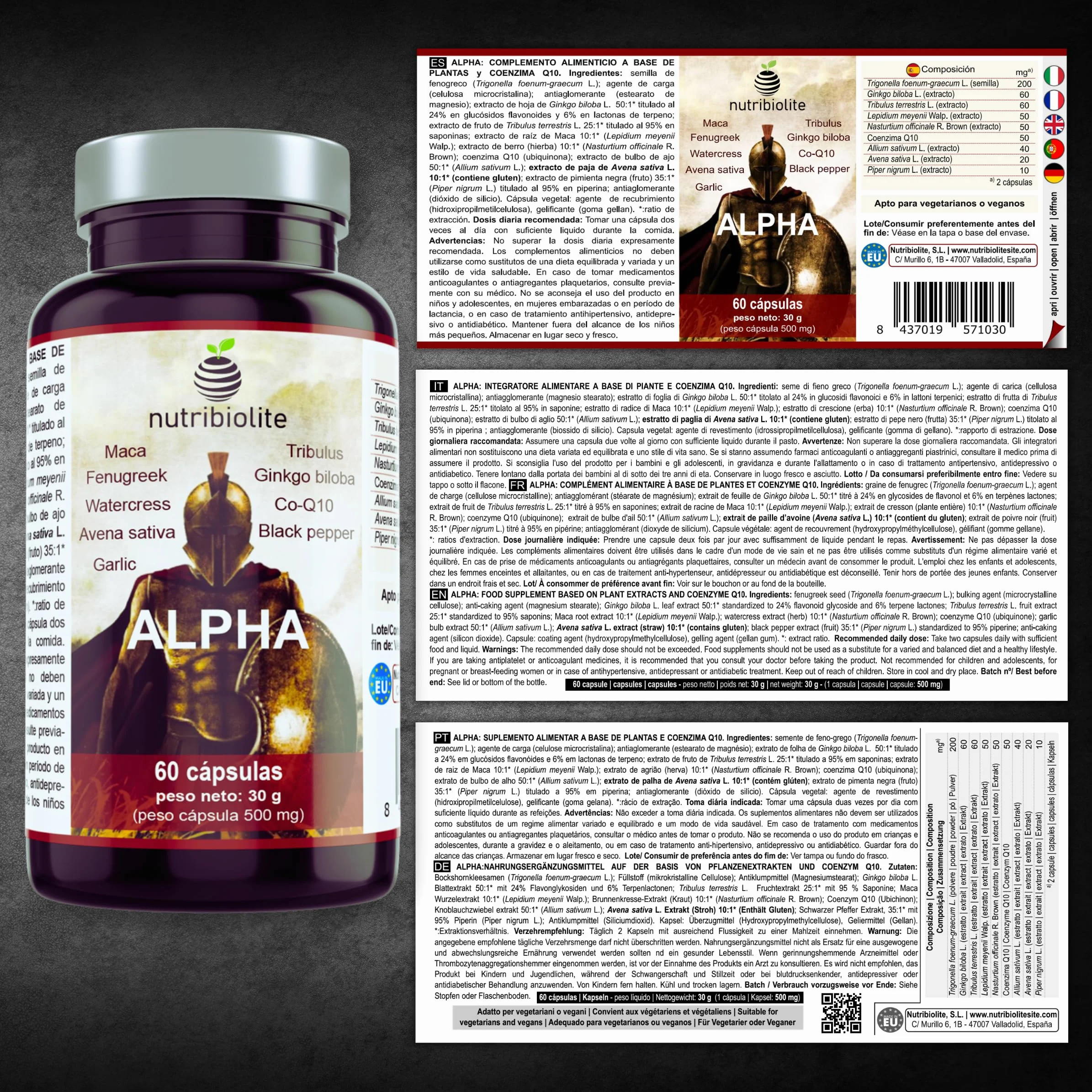 Complesso Altamente Concentrato con Maca, Tribulus, Fieno Greco, Ginkgo, Co-Q10, Piperina. Forza + Resistenza + Energia. Pre-allenamento. 60 capsule vegane - ALPHA