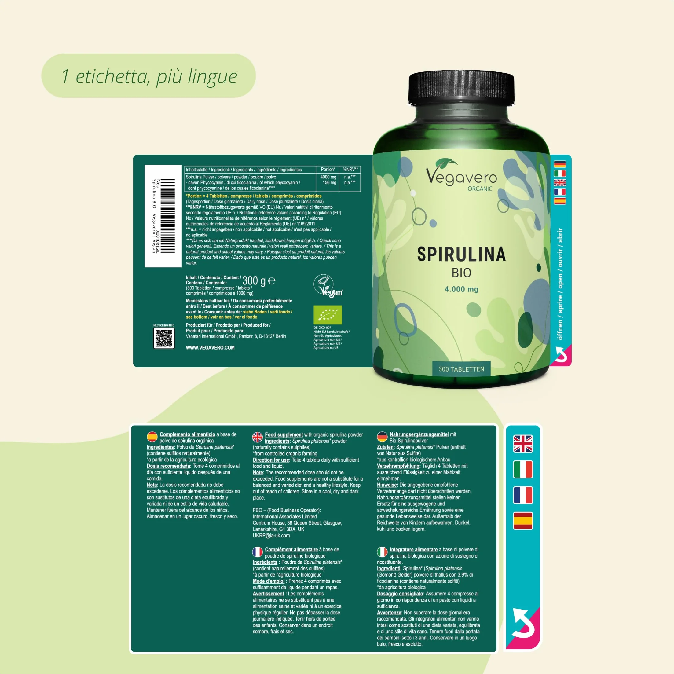 Vegavero® Spirulina Bio 1000 mg 4000 al giorno 3,9% Ficocianina Pura Biologica Platensis