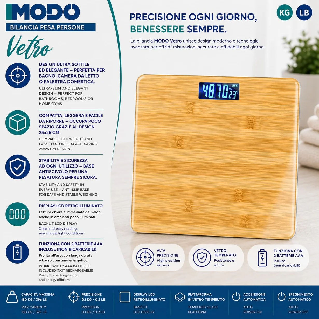 IPEA Bilancia Pesapersone Digitale Ultra Sottile color Legno - Tecnologia STEP ON - Massima Precisione Peso - Design Elegante in Vetro Temperato - Display Misurazione precisa 0,1 KG - Max 180Kg