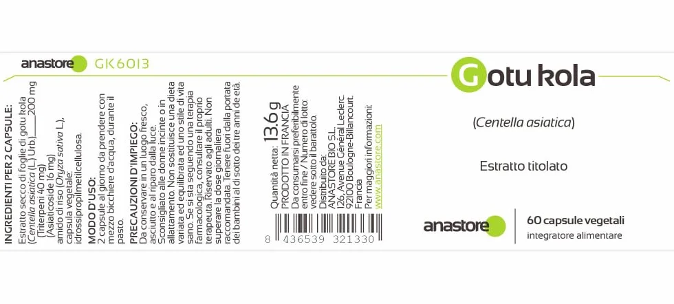 CENTELLA ASIATICA (GOTU KOLA) 100 mg 60 capsule Titolato 20% triterpeni 8% asiaticoside 5,5% madecassoside