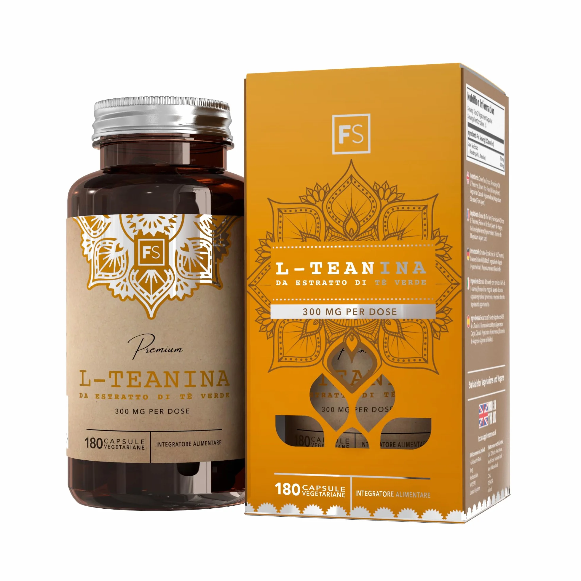 FS Teanina | 180 Capsule di L Teanina da Tè Verde - 300mg di L Theanine per Dose | L-Teanina ad Alta Potenza | Non-OGM, Senza Glutine e Allergeni | Prodotto nel Regno Unito