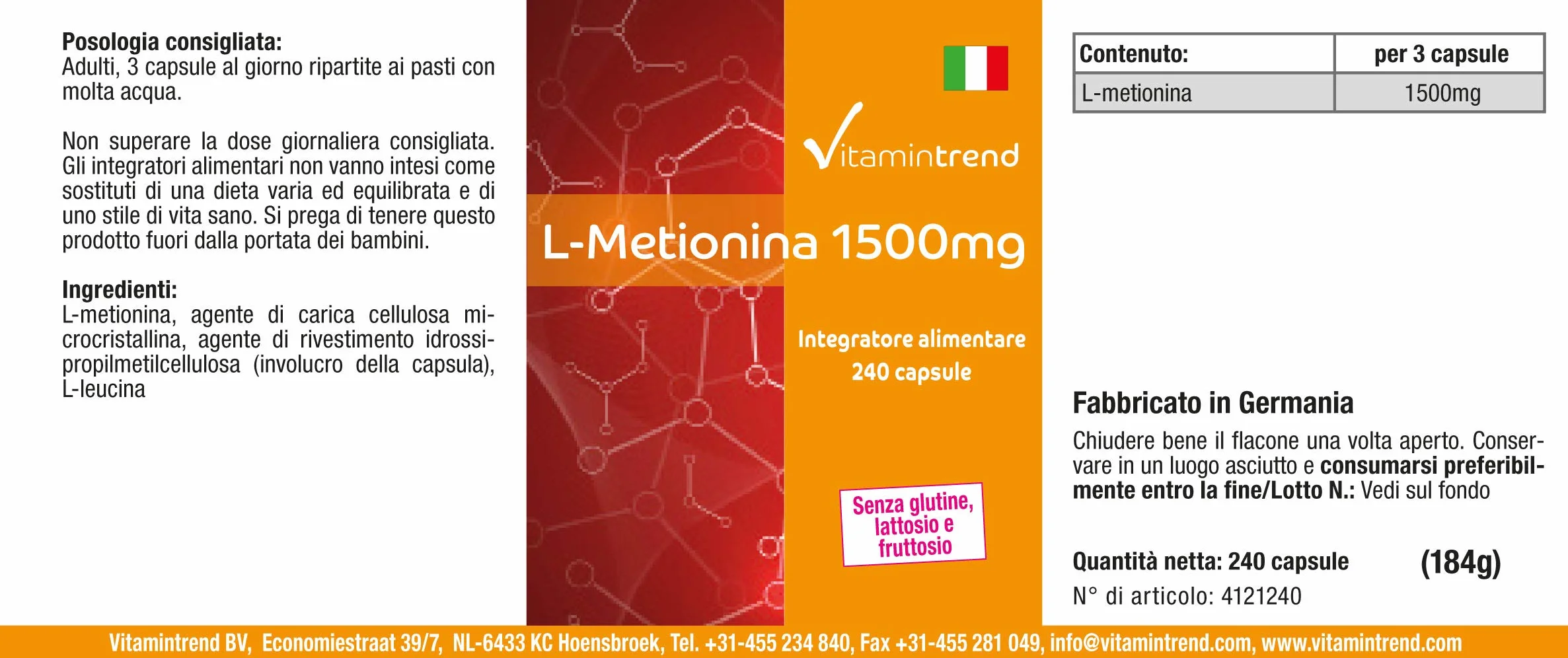 Vitamintrend L-Metionina 1500 mg per dose giornaliera, 240 capsule, ad alto dosaggio, integratore alimentare vegano senza magnesio stearato, prodotto in Germania