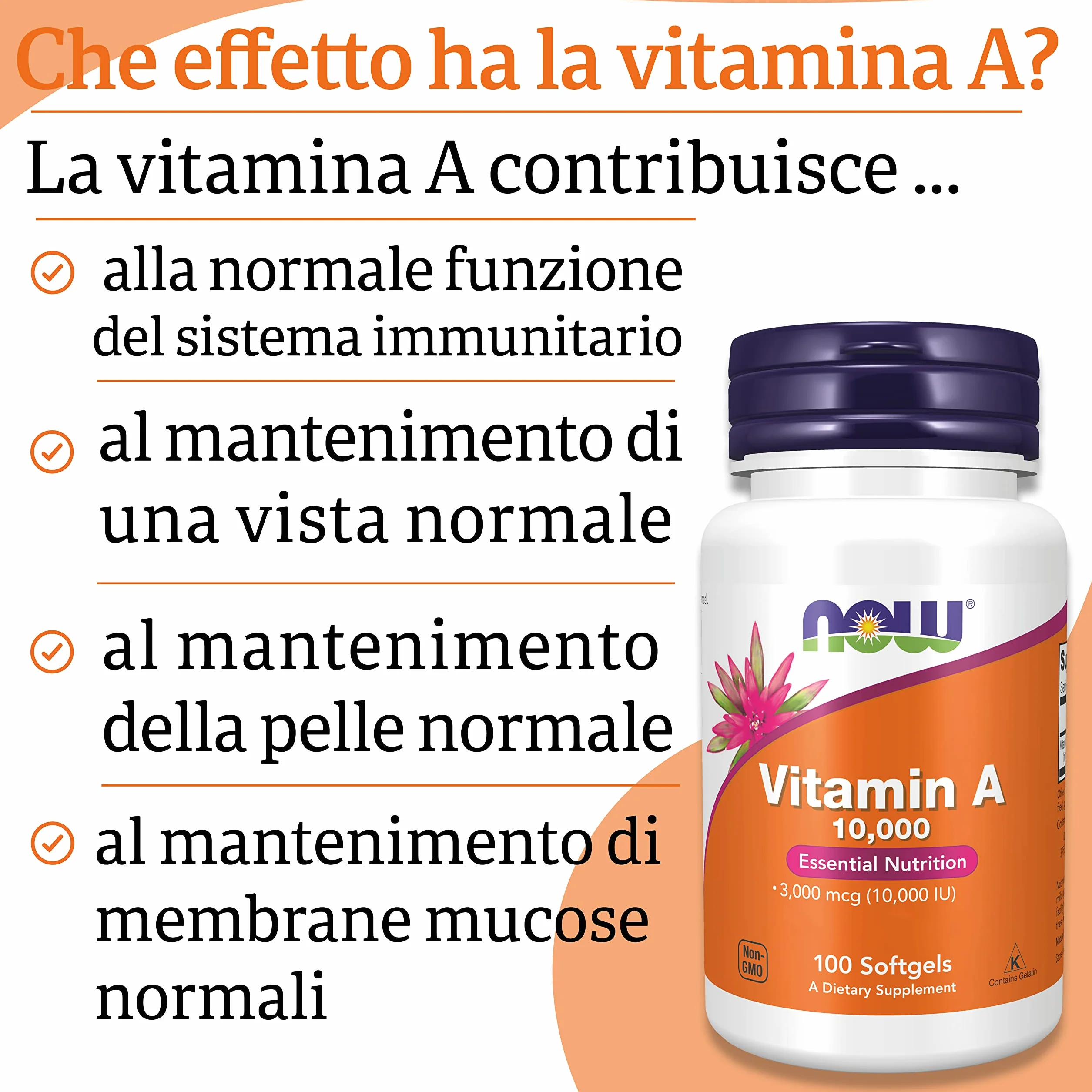 Now Foods Vitamina A 10000IU, 3000mcg, da palmitato di retinile e olio di fegato di merluzzo, ad alto dosaggio, 100 capsule, Testato in Laboratorio, Senza Glutine, Senza Soia, Non-GMO