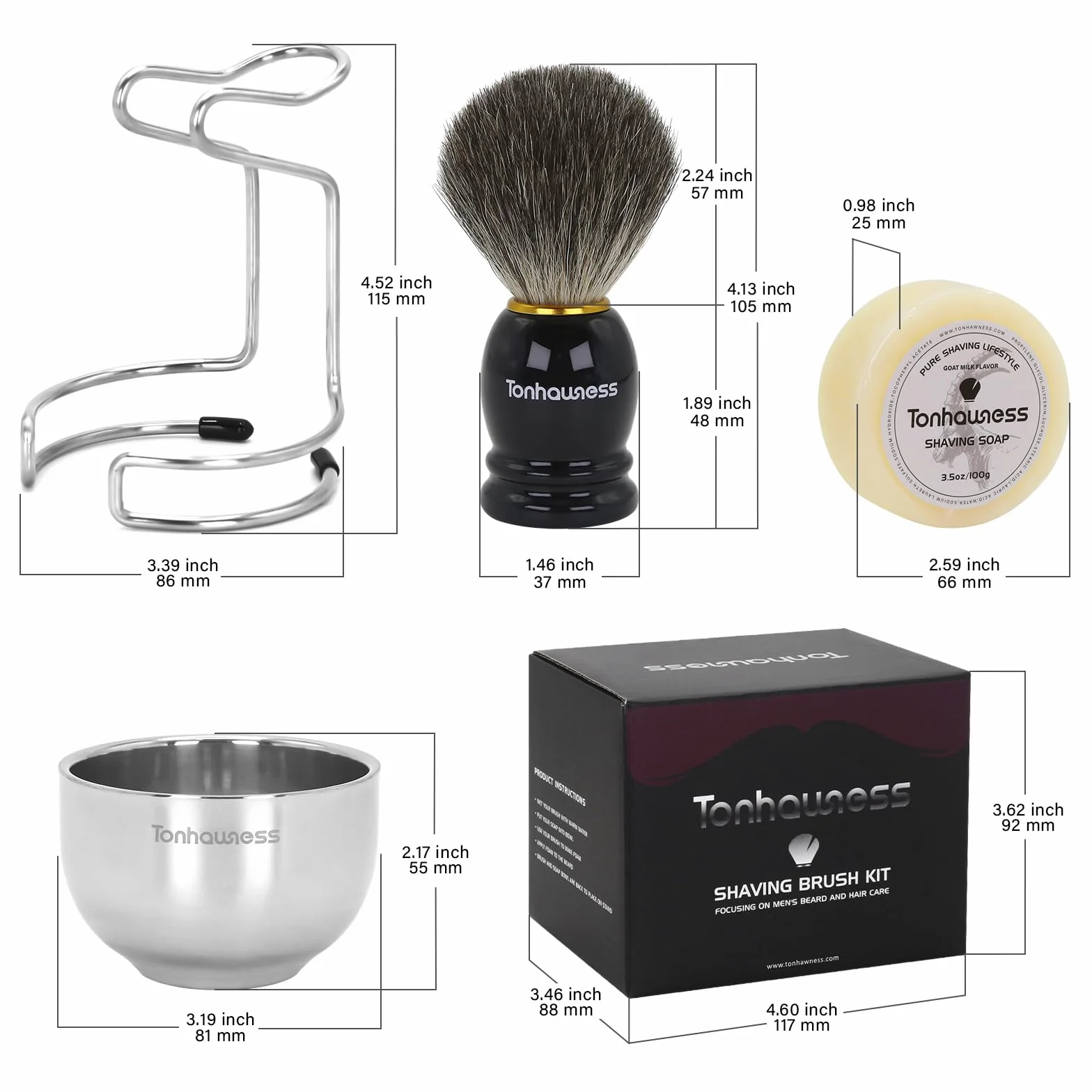Kit Pennello da Barba per Uomo, Set di Pennelli da Barba 4 in 1 Include Pennello da Barba in Pelo di Tasso, Ciotola e Supporto da Barba in Acciaio Inossidabile e Sapone da Barba per Regalo