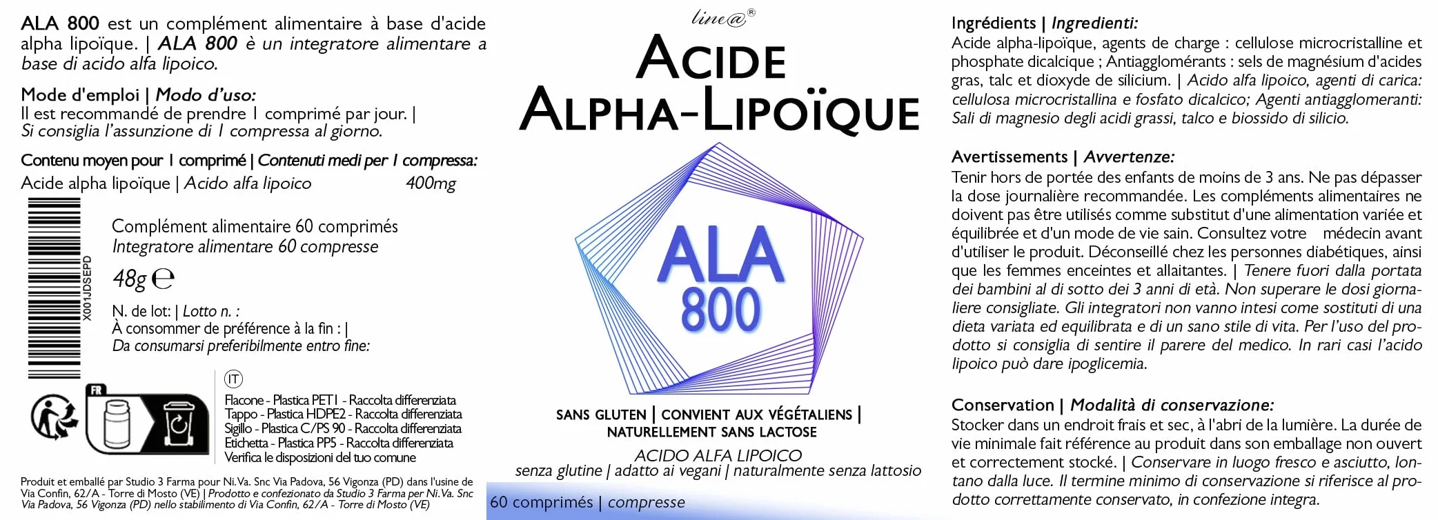ACIDO ALFA LIPOICO 800 mg 60 compresse Vegan Made in Italy