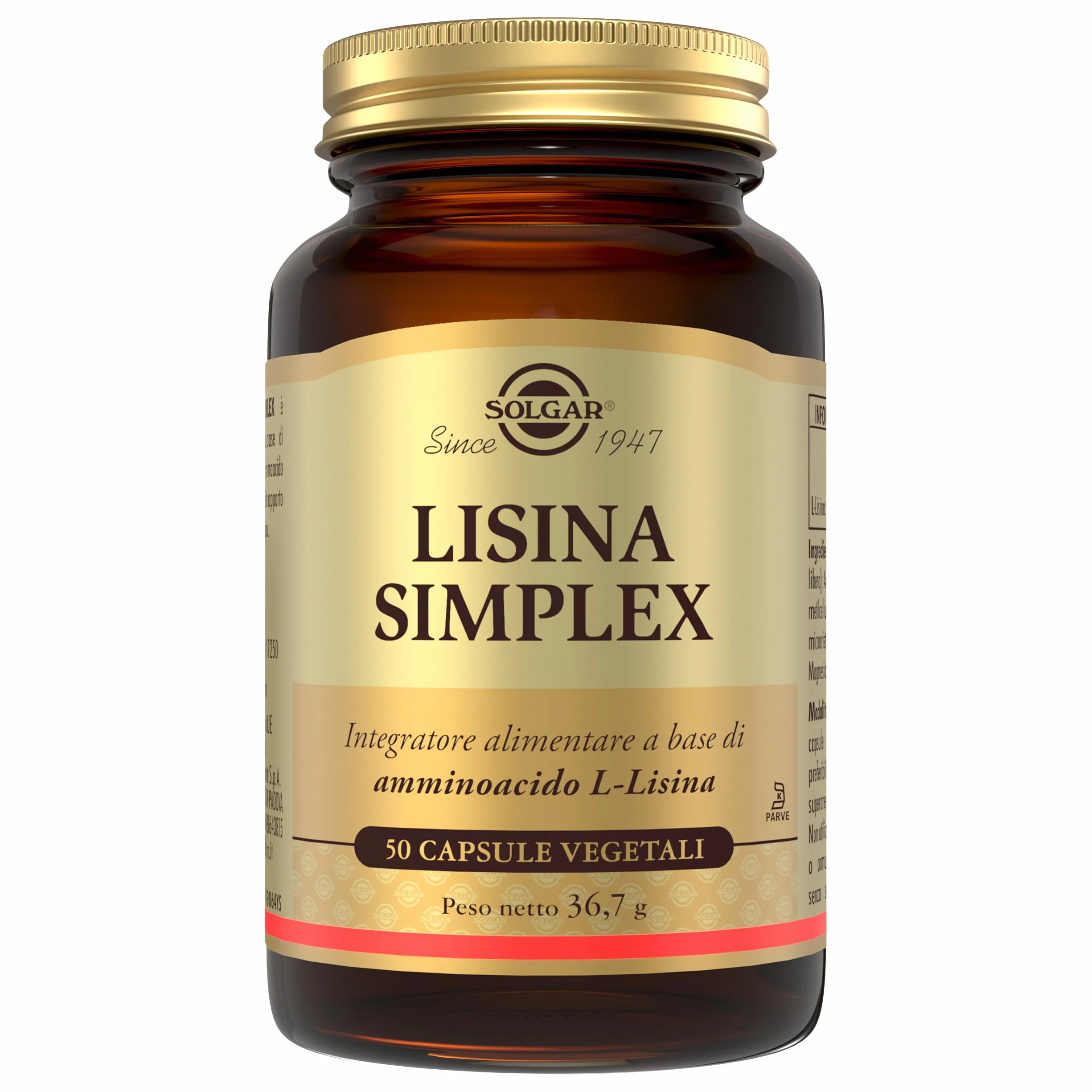 Solgar LISINA SIMPLEX, 50 capsule vegetali – L‑Lisina HCl – amminoacido essenziale