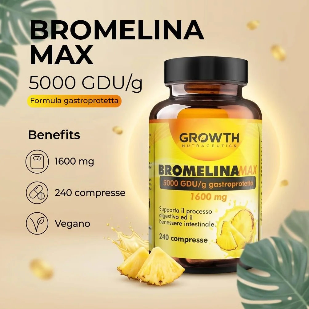 Bromelina 5000 GDU/g 240 Compresse Integratore di Bromelina da Ananas - Supporto Drenaggio Liquidi e Benessere Digestivo
