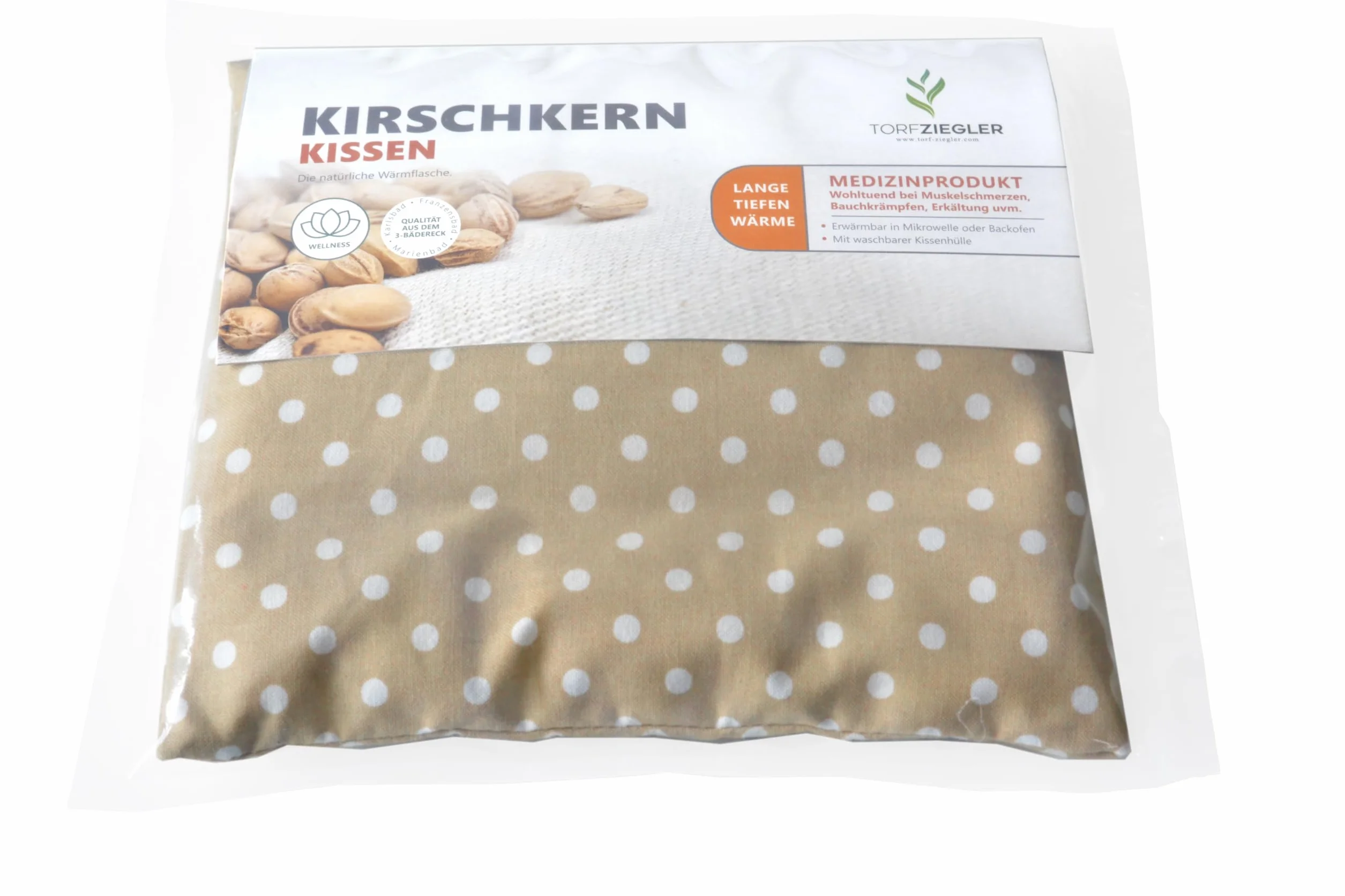 Cuscino termico ai noccioli di ciliegia 19×18 cm – dispositivo medico di classe I CE in cotone, applicazione caldo e freddo, beige con puntini bianchi