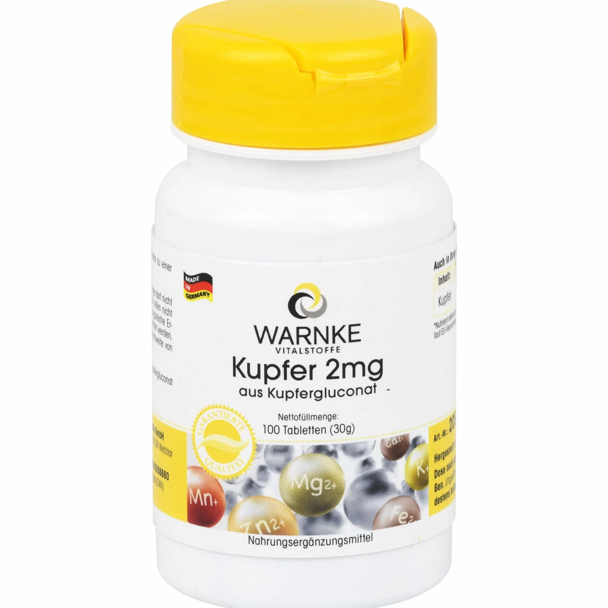 Rame 2mg integratore - Gluconato di rame - 100 compresse - Sostanza pura | Warnke Vitalstoffe - Qualità da farmacia tedesca