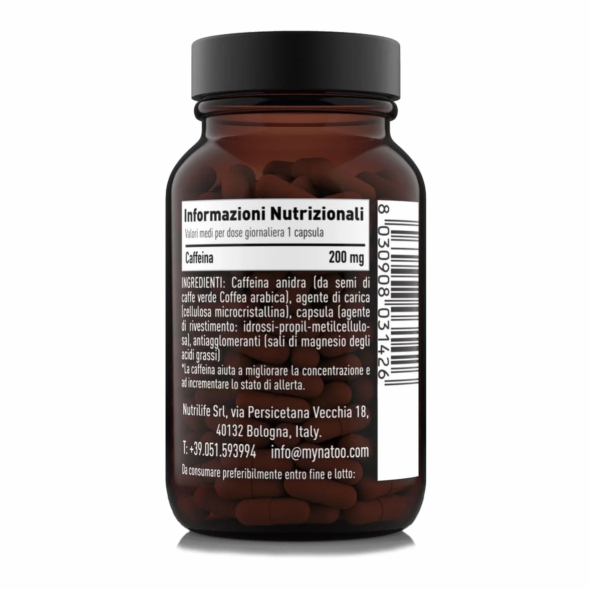 Caffeina 200mg 60 Capsule Vegane, Caffeina Pura da Caffe Verde Coffea arabica, Pre-Workout Integratore