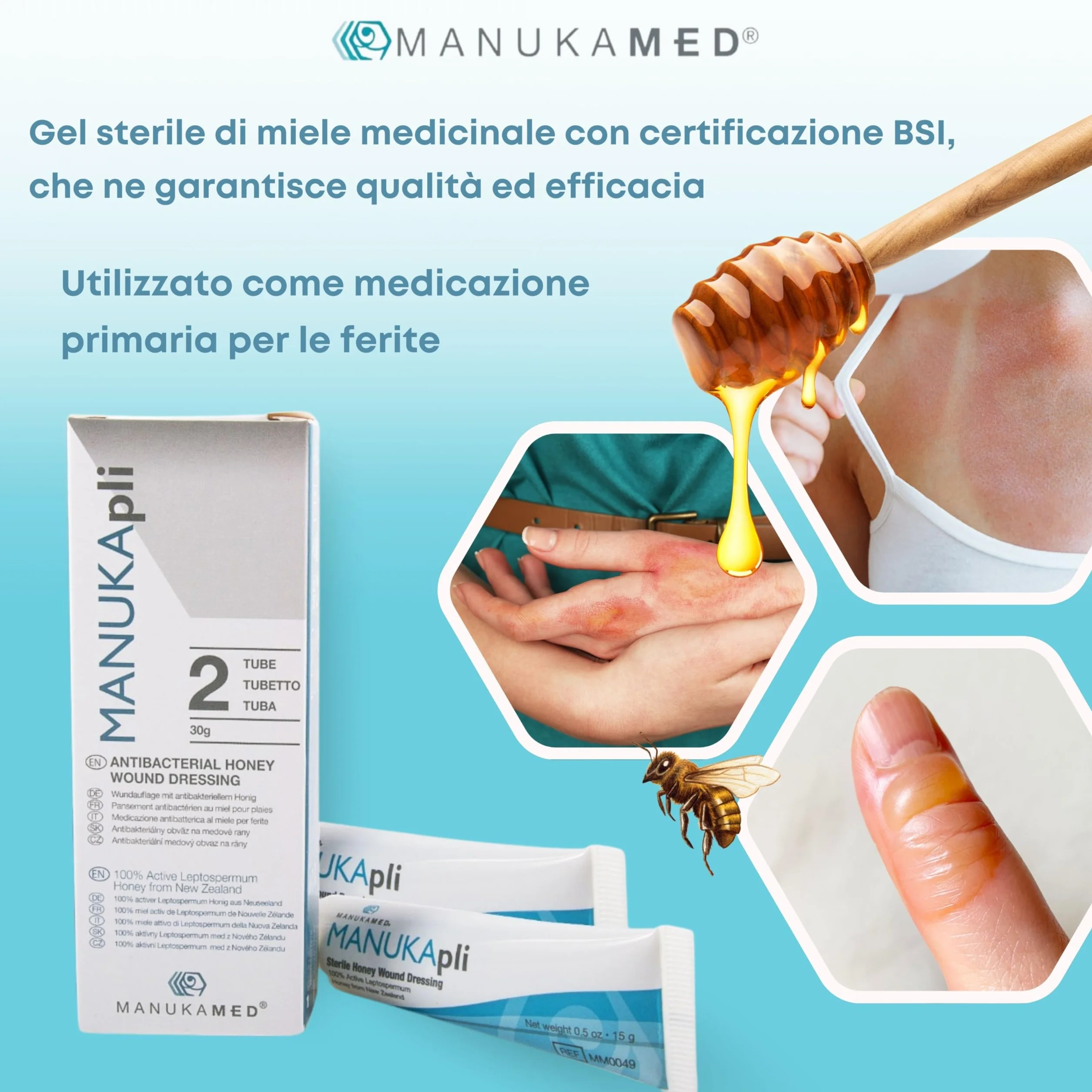ManukaMed MANUKA, qualità medica, cura delle ferite e della pelle, miele di Manuka bioattivo al 100%, unguento per le ferite e la guarigione, STERILE MGO 560+/2x15 g
