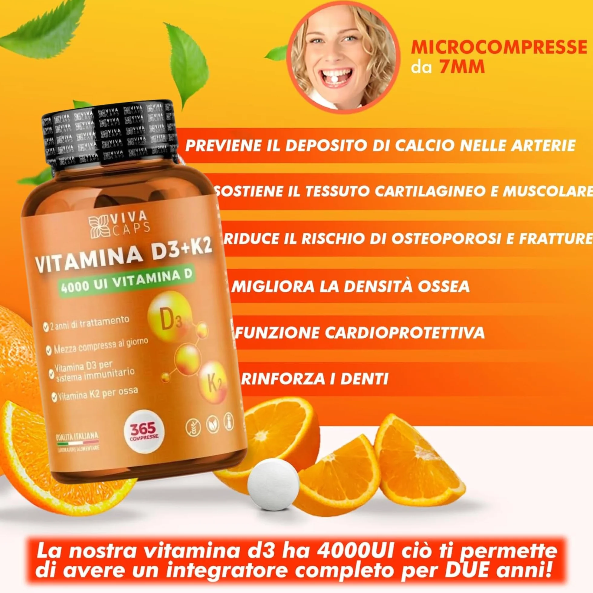 Vitamina D3 K2 MK7 Vegana Alto Dosaggio 365 Micro Compresse 4000 UI 200 mcg Menachinone Sistema Immunitario Ossa Denti Made in Italy