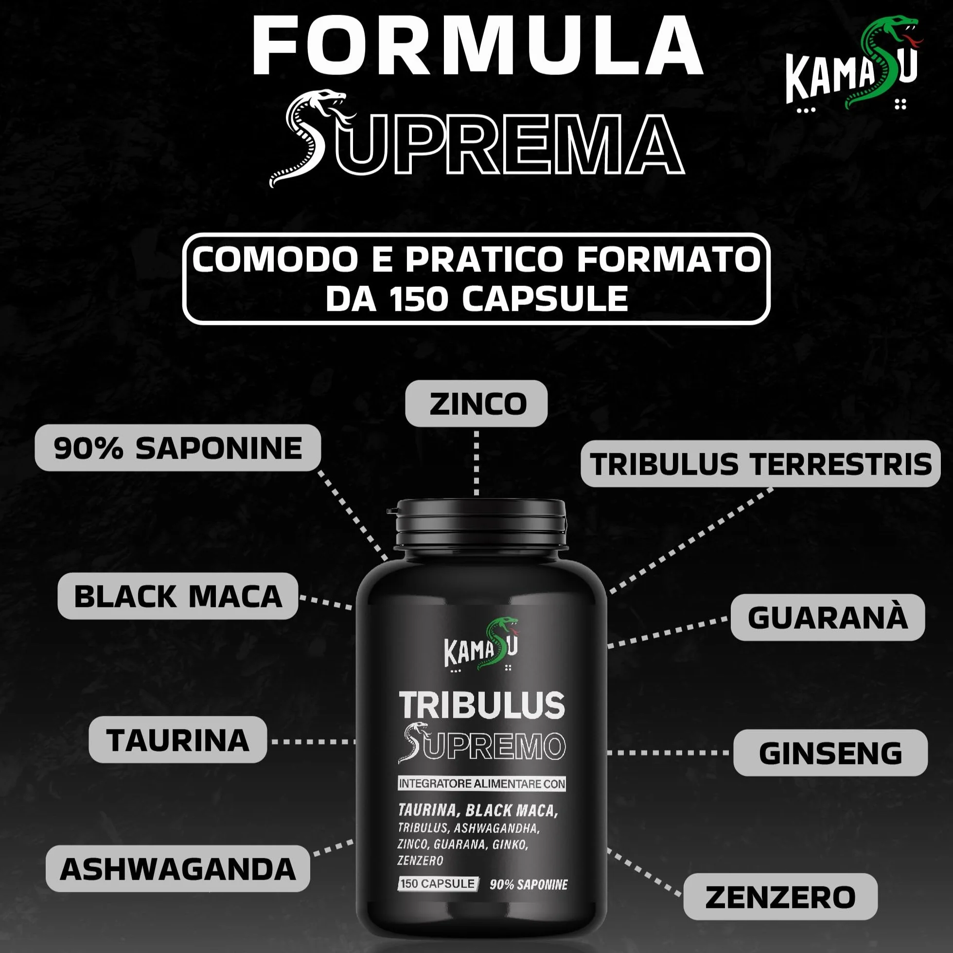 Integratore tribulus terrestris maca nera peruviana l-arginina 150 capsule ashwagandha guaranà ginko