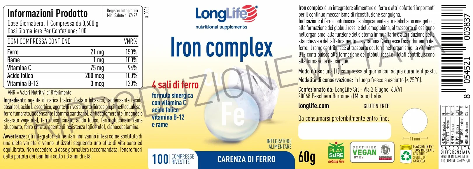 LongLife® Iron complex | 4 sali di ferro ad alta biodisponibilità | Con vitamina C e B12, acido folico e rame | Oltre 3 mesi di trattamento | Ricarica e riduzione stanchezza | Vegano e senza glutine