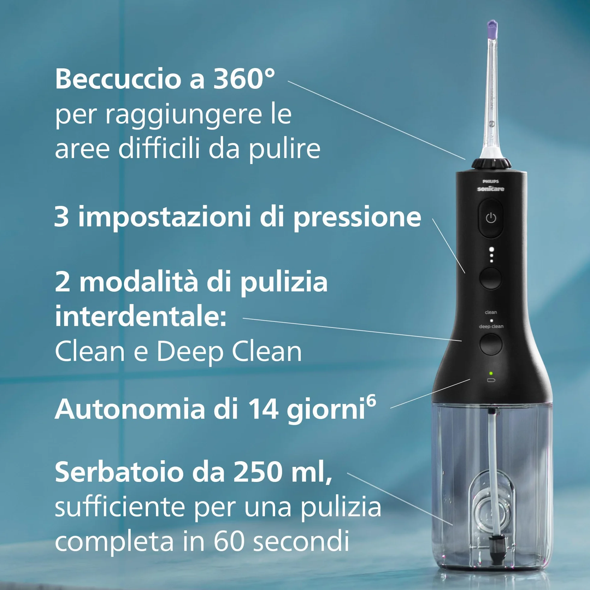 Philips Sonicare Irrigatore Orale Power Flosser 3000 cordless - Per denti e gengive - Nero modello HX3826/33, Sonicare 3000, Nero