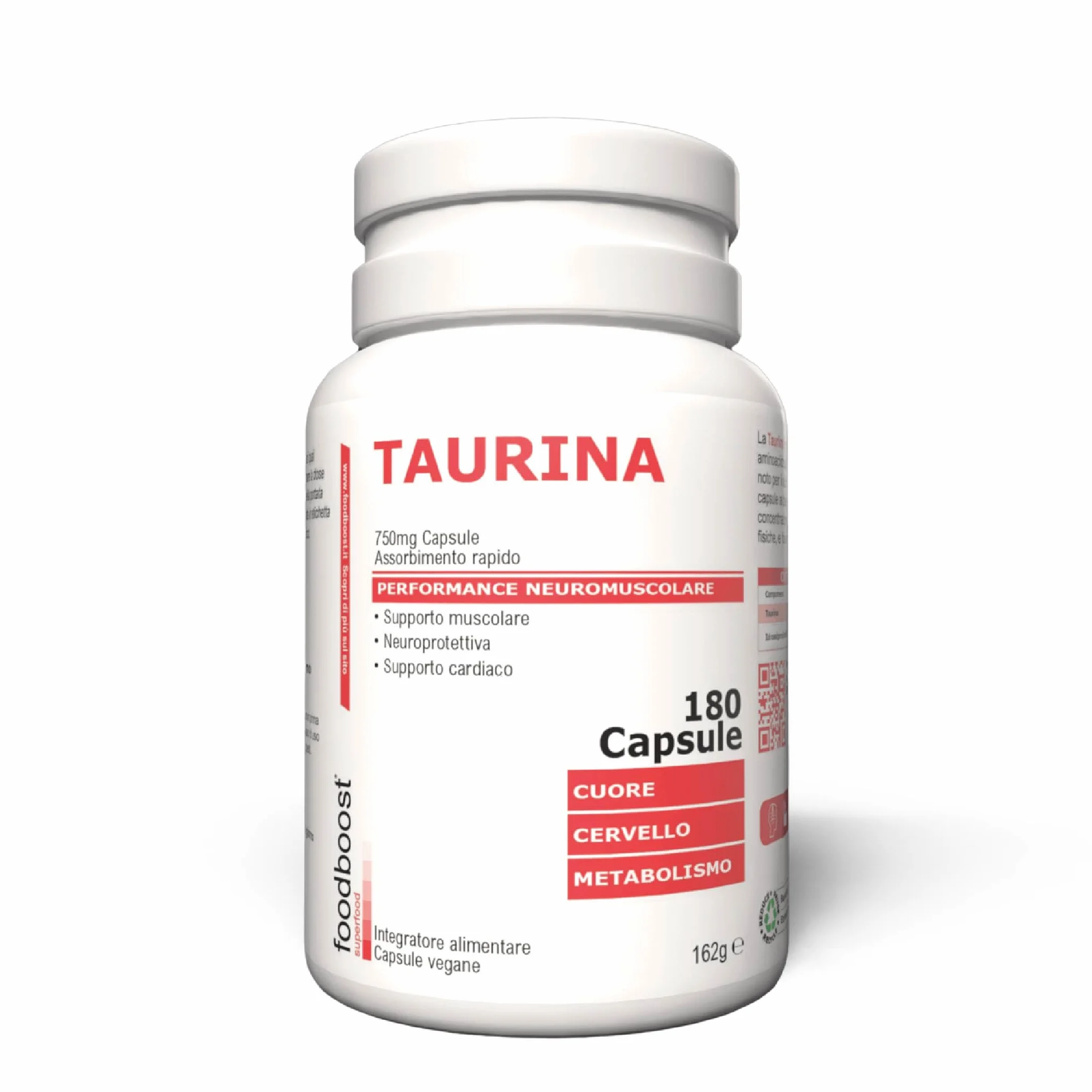foodboost Taurina 750 mg - 180 Capsule Vegane (3 Mesi) - Integratore Energetico pre workout/post workout, Antiossidante, Supporto Benessere Cardiaco e Muscolare - Assorbimento rapido - Ø additivi
