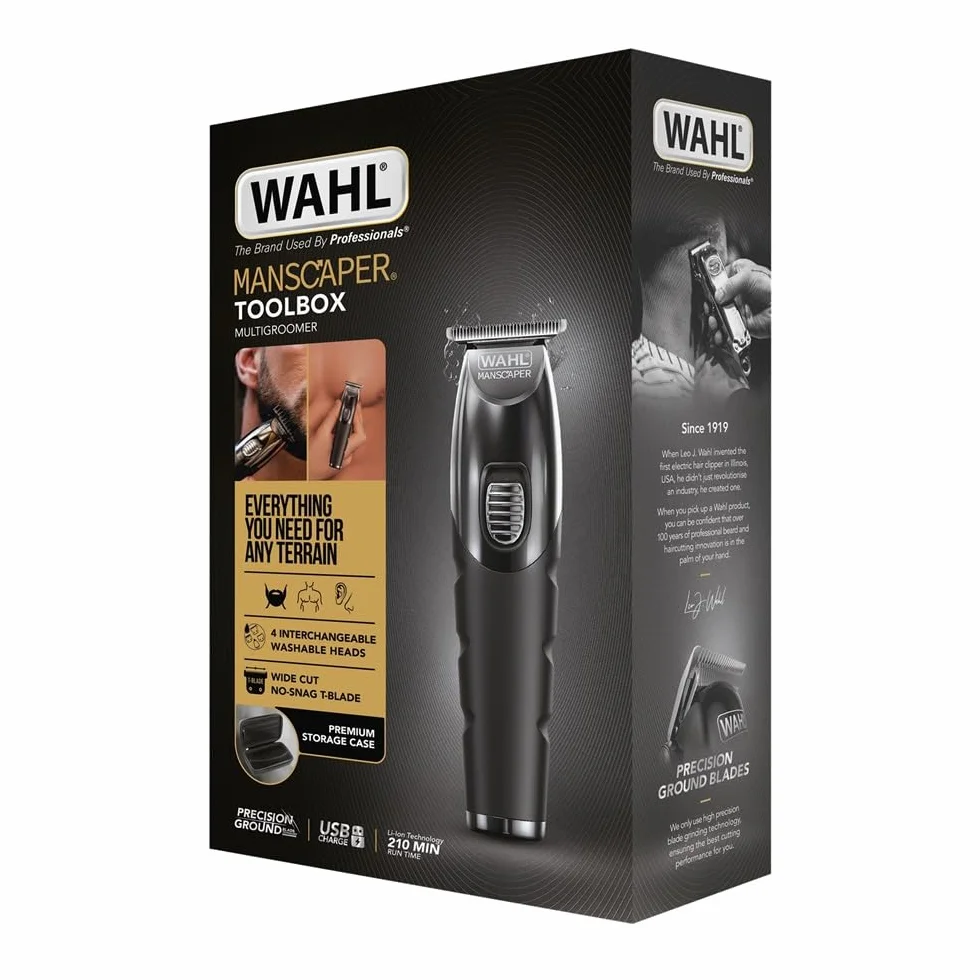 WAHL Manscaper Toolbox, multigroomer, regolabarba, tagliacapelli, alimentazione al litio, ricarica USB, pettini guida, ricaricabile, nero