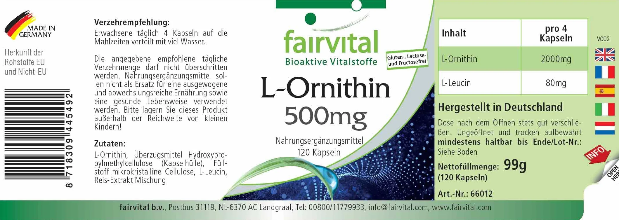 Fairvital L-ornitina 500 mg, 120 kapsułek, wysoka dawka, wegańskie