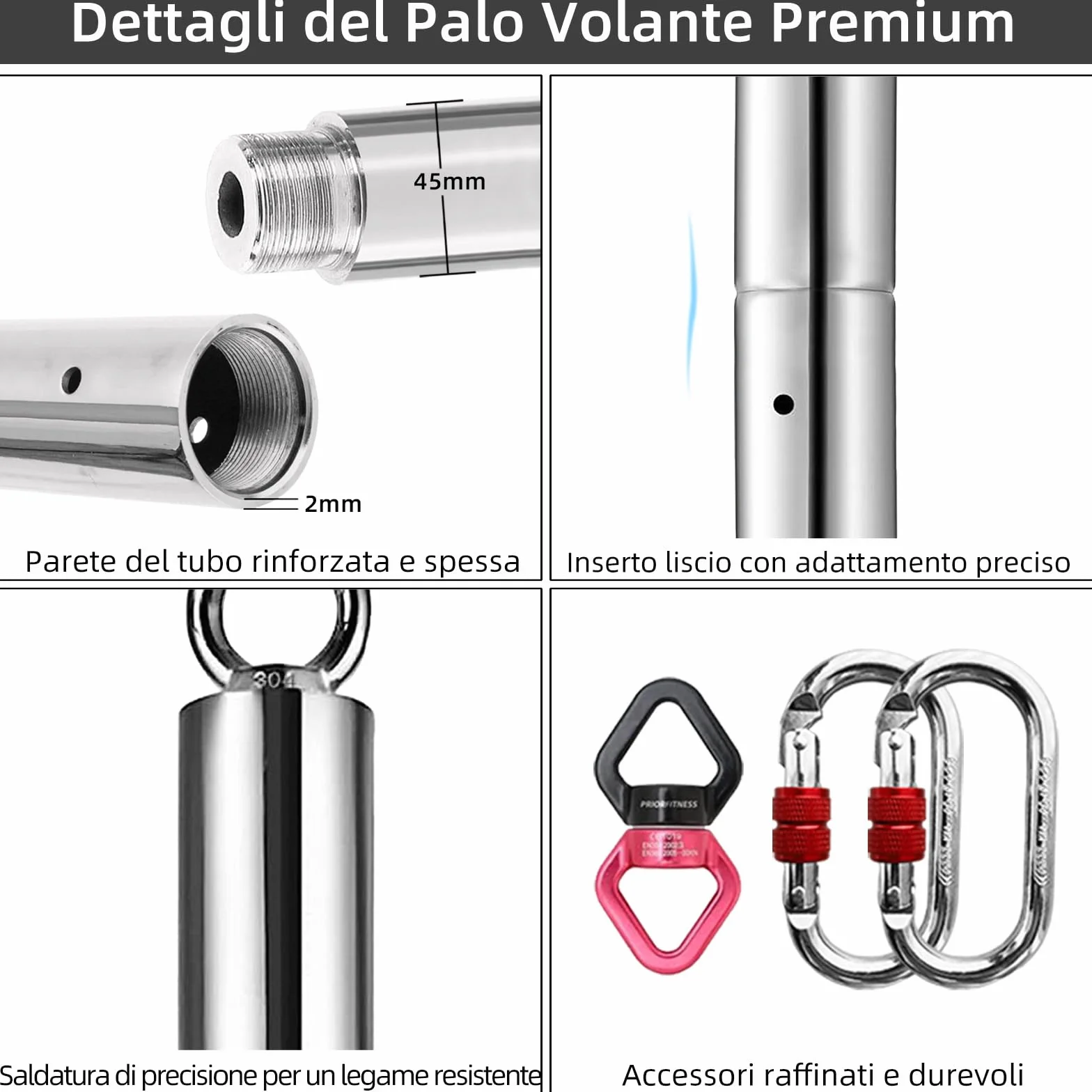 PRIOR FITNESS Palo Pole Dance da Casa 45 mm Staccabile Set Bastoni Ginnastica Volanti Portata 150 kg