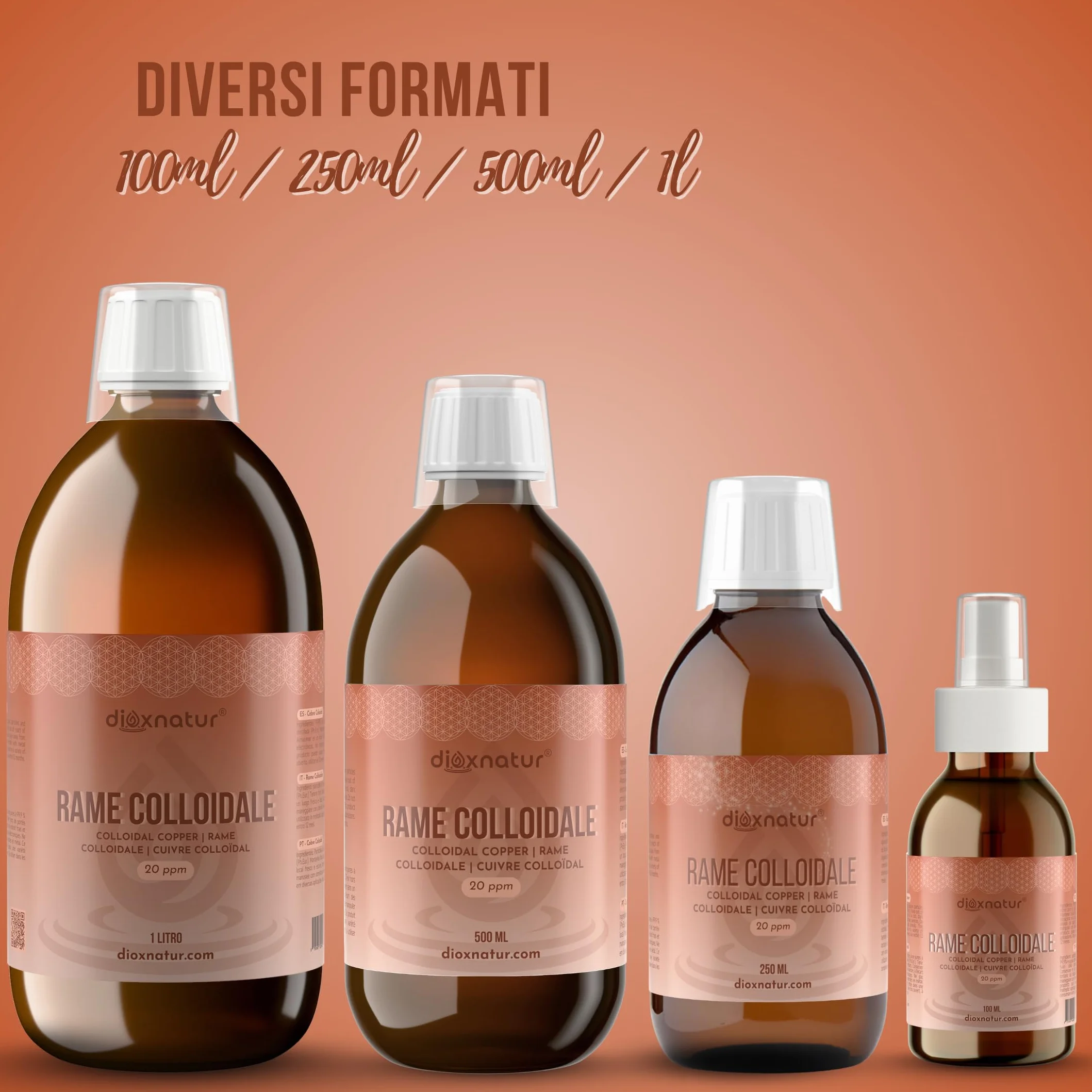 Rame Colloidale 500 ml - 20 ppm - 99,99% Purezza - Soluzione Liquida con Acqua Bidistillata - Flacone Vetro Ambra con Bicchierino Graduato