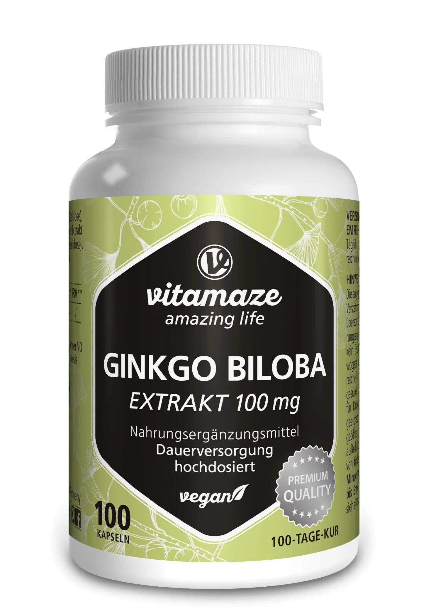Ginkgo Biloba 50:1 Estratto 100 mg 5000 mg Polvere di Foglie di Ginkgo Puro Capsula Vegana 100 Capsule Integratore Alimentare