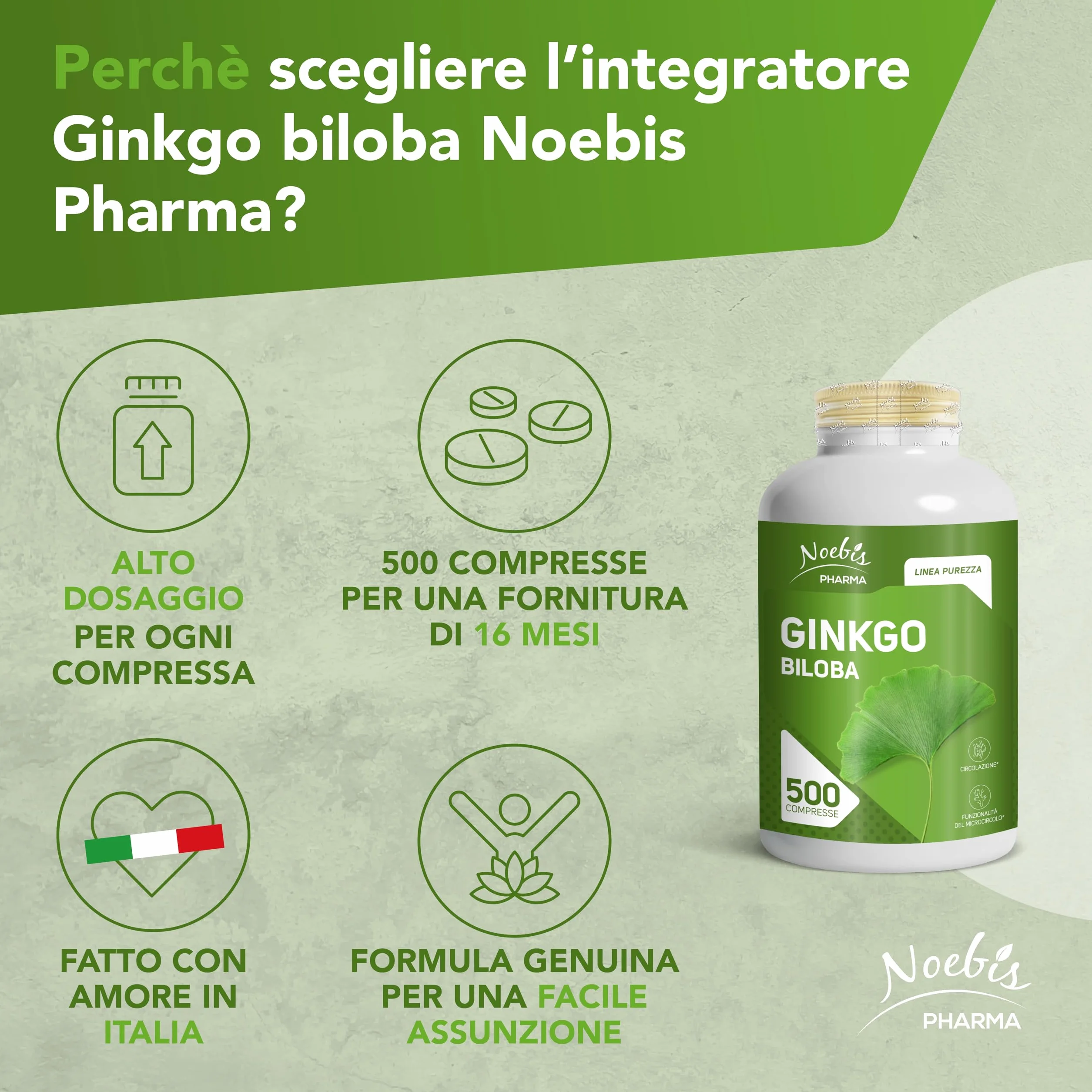 Ginkgo Biloba Noebis Pharma - Estratto Secco di Foglie - 500 Compresse - Microcircolo e Circolazione