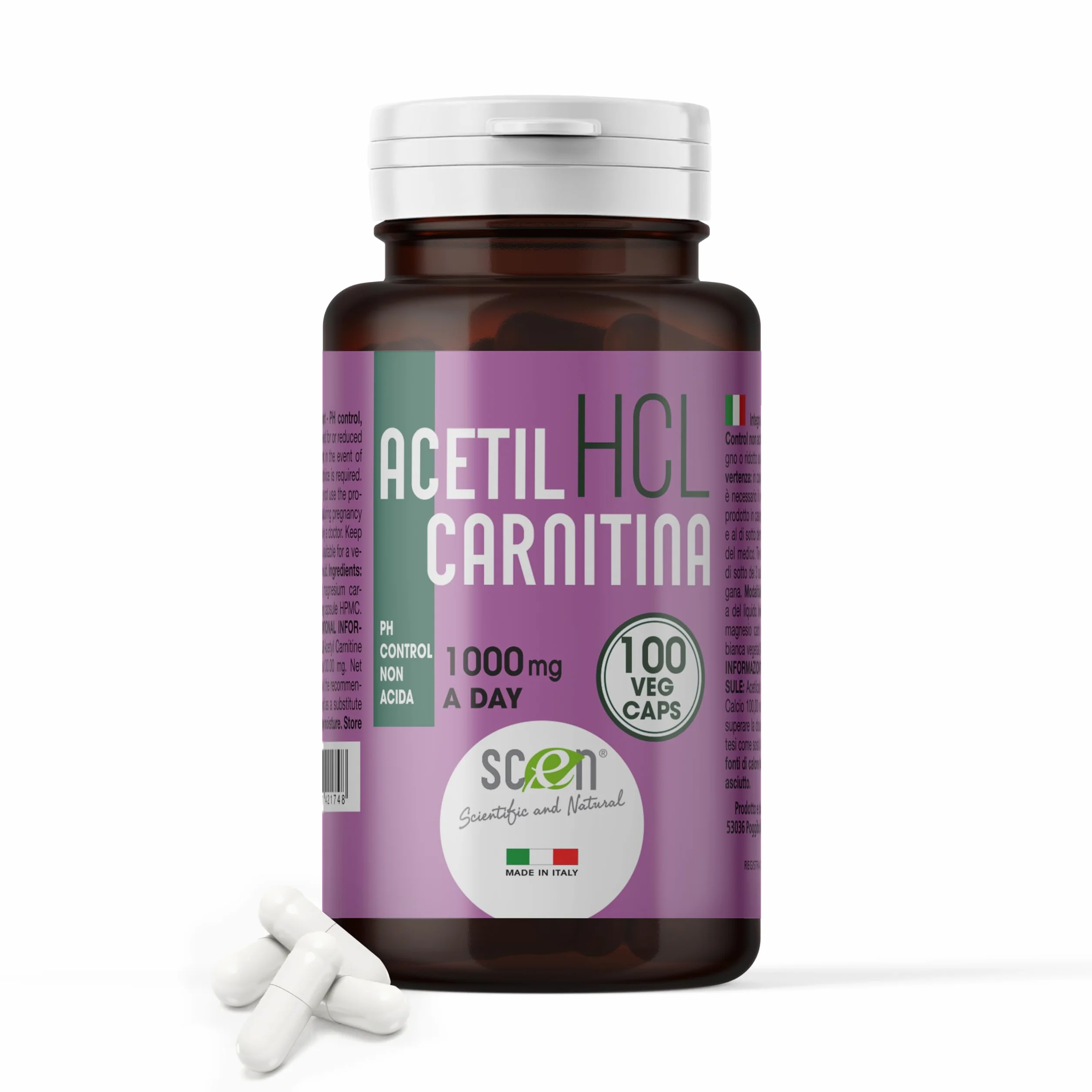 Scen Acetil Carnitina - ALC HCL - PH control, non acida, 100 vegcaps 500 mg, adatto anche vegan, prodotto in Italia, (1)