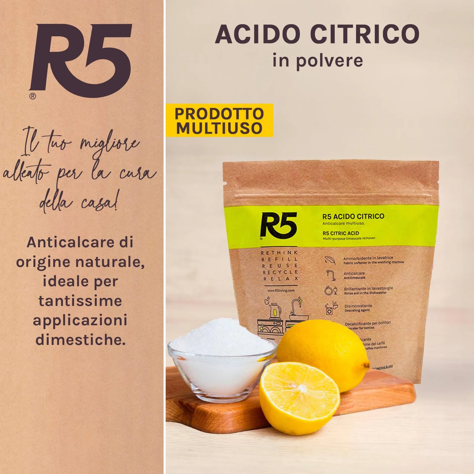 Acido Citrico in Polvere 1Kg Anticalcare Multiuso Disincrostante Brillantante Ammorbidente Inodore