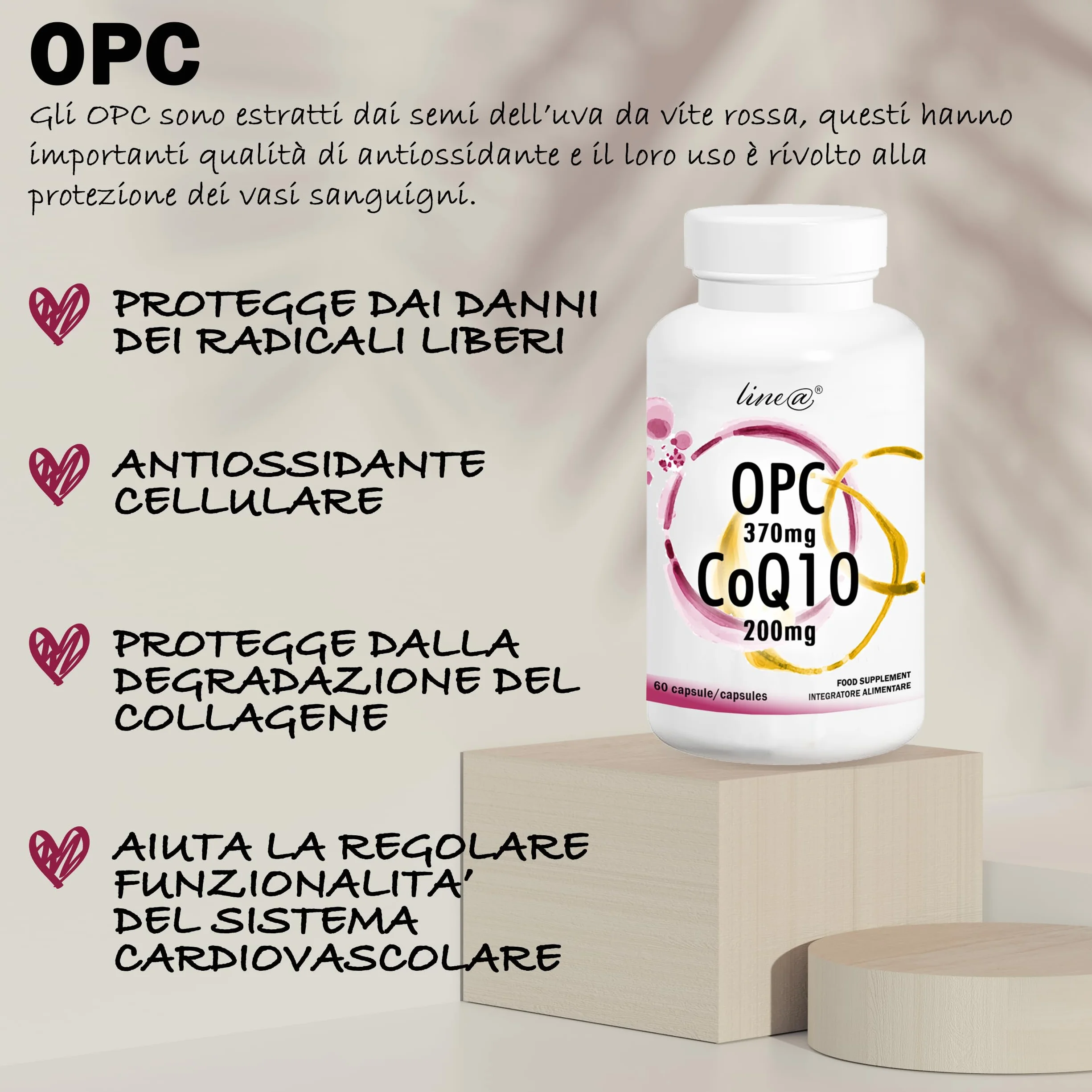 OPC e CoQ10 Line@ | Potente ANTIOSSIDANTE 2 in 1 | E.s. di VITE ROSSA 370mg e COENZIMA Q10 200mg | 60 capsule | 2 MESI