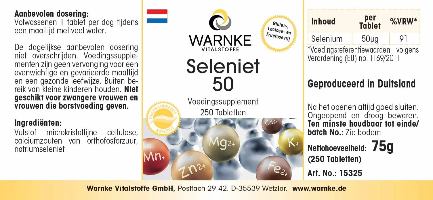 Selenio 50 mcg integratore di sodio - Ottenuto da selenio - Sostanza pura - 250 compresse | Warnke Vitalstoffe - Qualità da farmacia tedesca