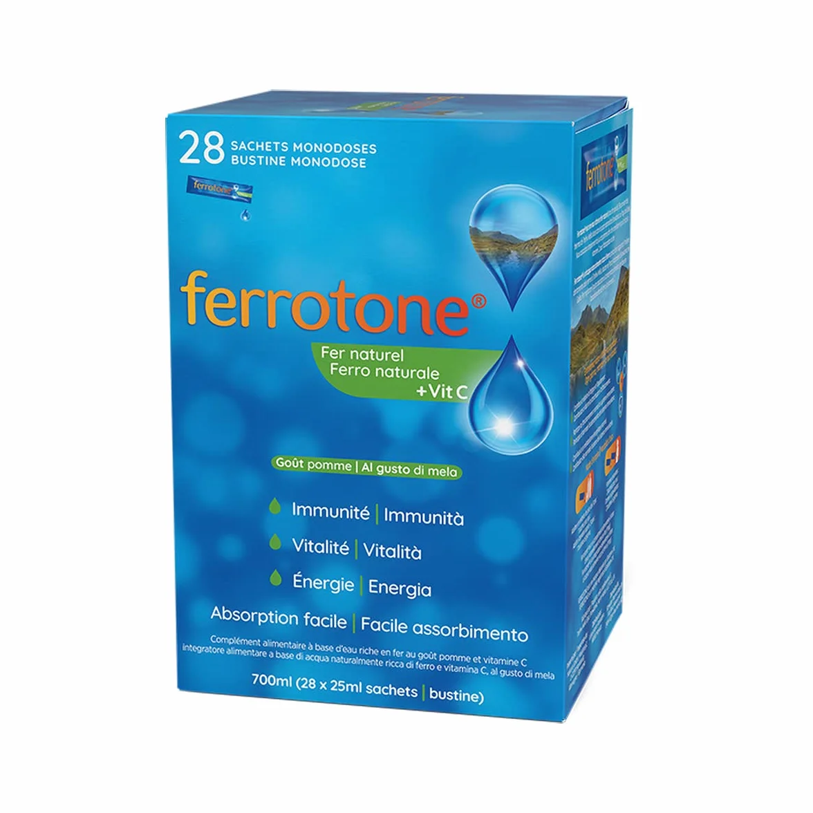 Ferrotone Integratore Alimentare a Base di Acqua Ricca di Ferro - Pacco da 28 bustine x 25 ml