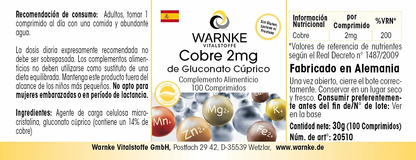 Rame 2mg integratore - Gluconato di rame - 100 compresse - Sostanza pura | Warnke Vitalstoffe - Qualità da farmacia tedesca