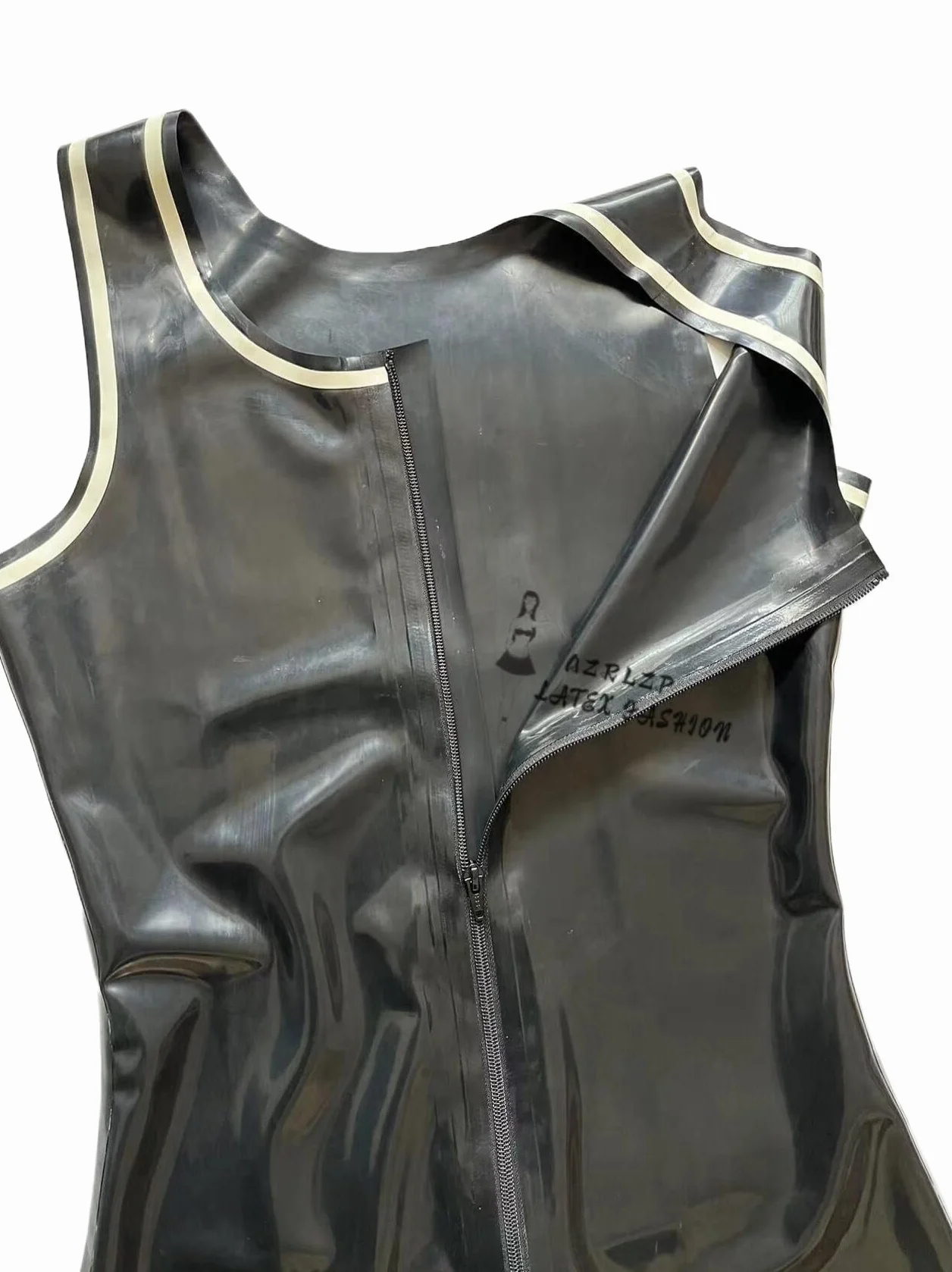Body da uomo sexy in lattice di gomma senza maniche, stile canotta, con cerniera sul cavallo
