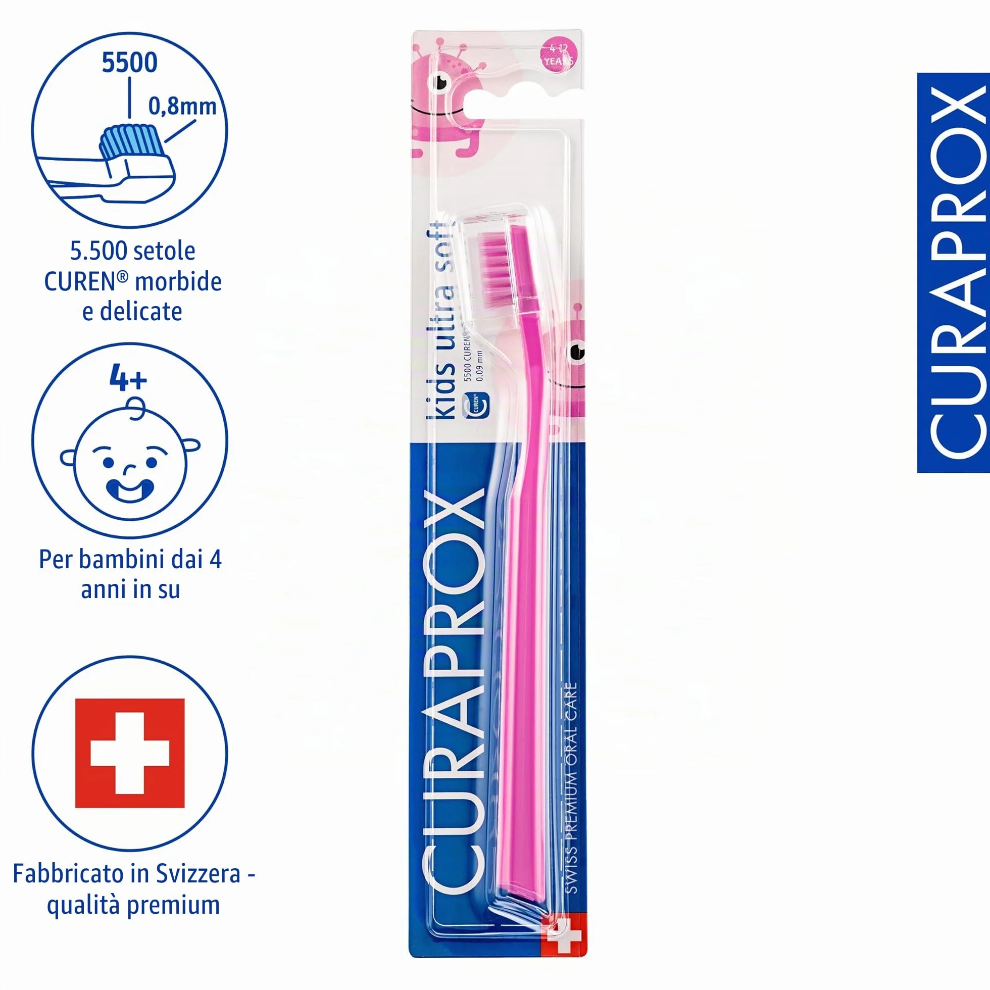 Curaprox Spazzolino CS Kids-Per bambini dai 4 ai 12 anni/Pulizia delicata ultra-morbida | 5.500 filamenti Curen® / Rosa/Confezione singola/Made in Switzerland