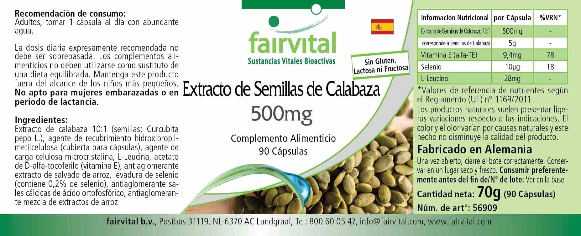 Fairvital | Estratto di semi di zucca 500 mg - 90 capsule - concentrato 10 volte con selenio e vitamina E - altamente dosato - vegano