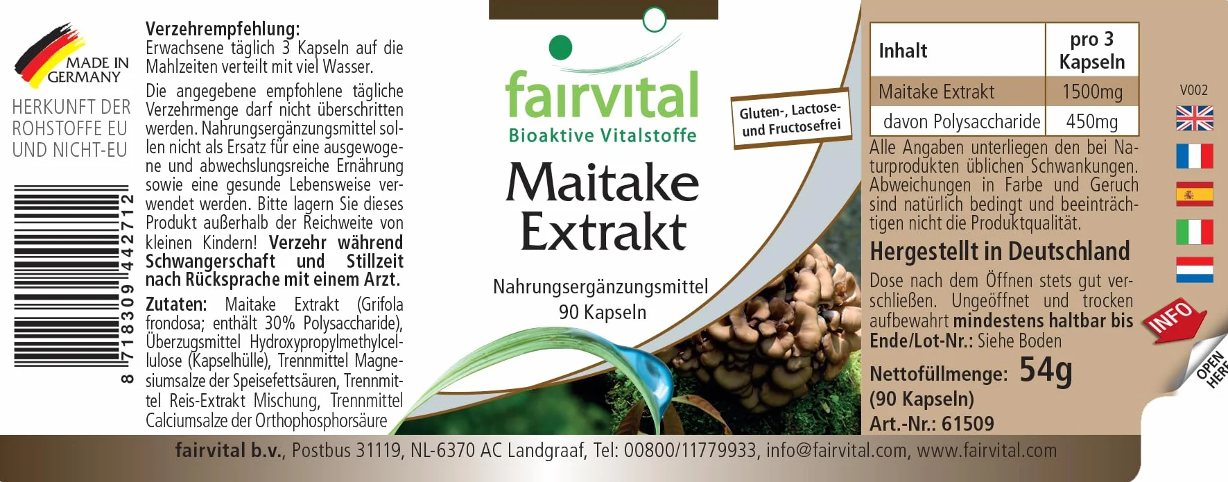 fairvital Estratto di Maitake 500 mg, 90 capsule, facili da deglutire, ALTO DOSAGGIO, Grifola frondosa, 30% di polisaccaridi, VEGANO
