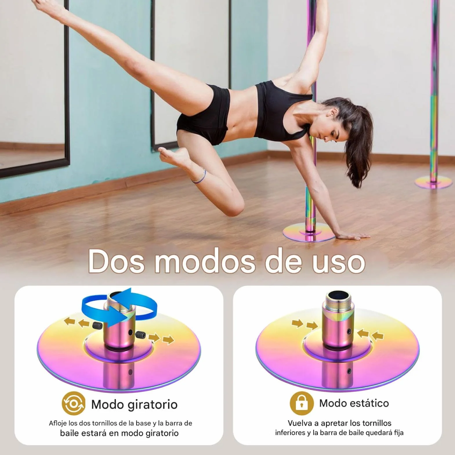 Palos Pole Dance Professionale Altezza Regolabile 223,5-274,5 cm 45 mm Rotante e Statico Portatile Nero/Multicolore