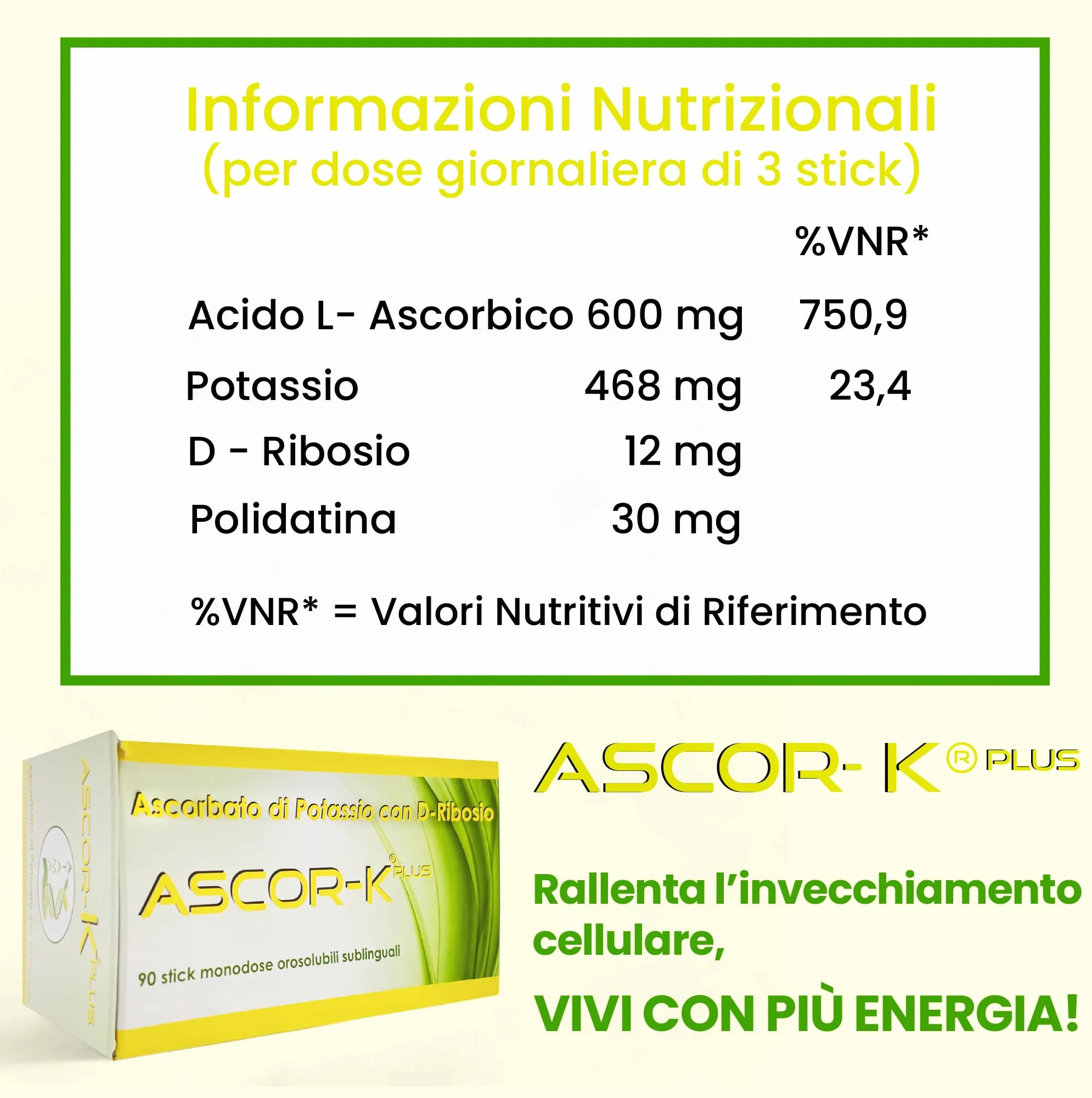 Ascorbato di Potassio con D-Ribosio – Ascorbato di Potassio Potenziato - Ascor-Kplus | Rafforza il Sistema Immunitario | Integratore Energia Naturale | Nuova Formulazione - 90 Stick Sublinguali