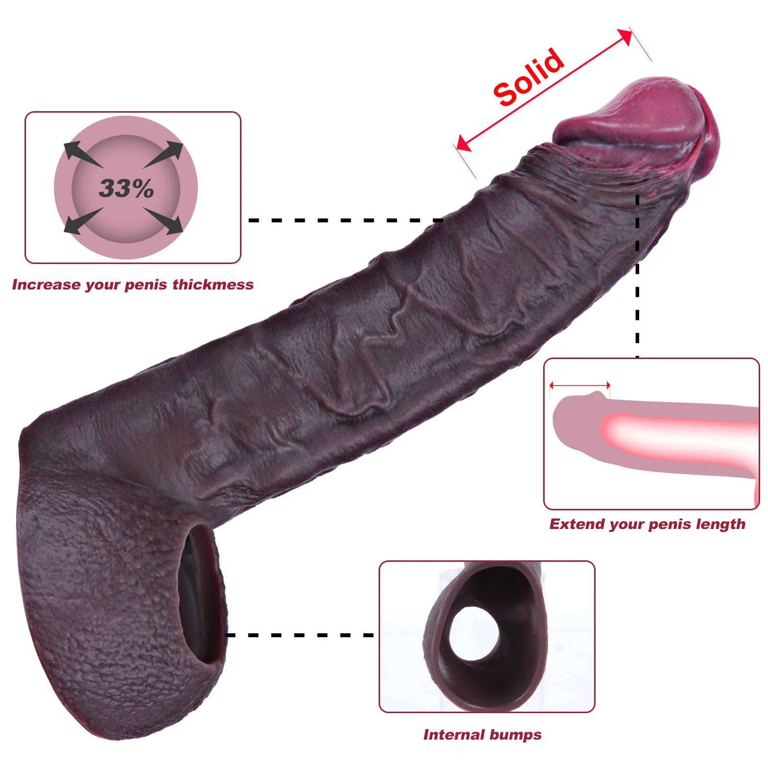 Allargatore realistico per pene maschile, fodera in silicone riutilizzabile 7,5 pollici con anello spesso, per ritardare l’eiaculazione, migliorare l’erezione, giocattolo sessuale per coppie maschili