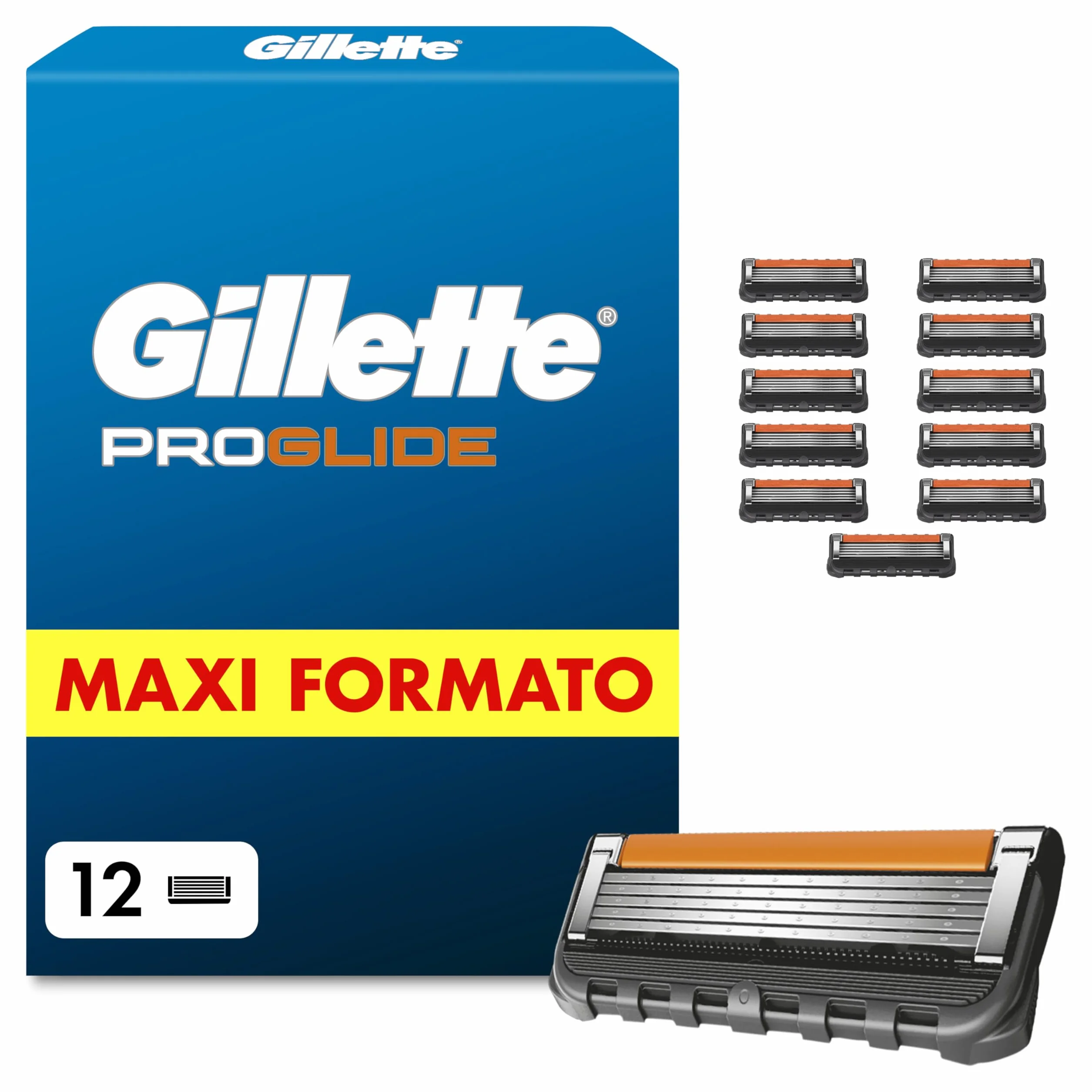 Gillette Proglide 12 Lamette Gillette da Barba di Ricambio per Rasoio Barba Manuale, a 5 Lame, Lamette Uomo per una Rasatura Profonda, con Lubrastrip e Supporto, Idea Regalo